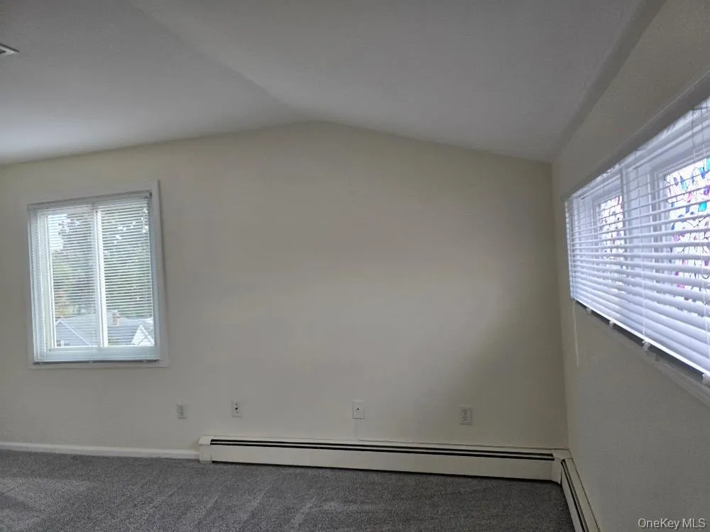 Spare room featuring carpet floors, a baseboard radiator, and vaulted ceiling Spare room featuring carpet floors, a baseboard radiator, and vaulted ceiling