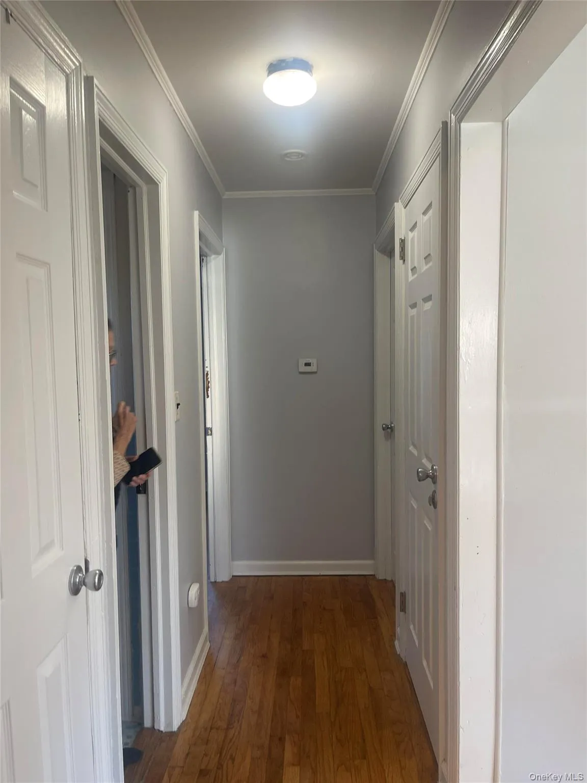 Corridor featuring dark wood finished floors and ornamental molding Corridor featuring dark wood finished floors and ornamental molding