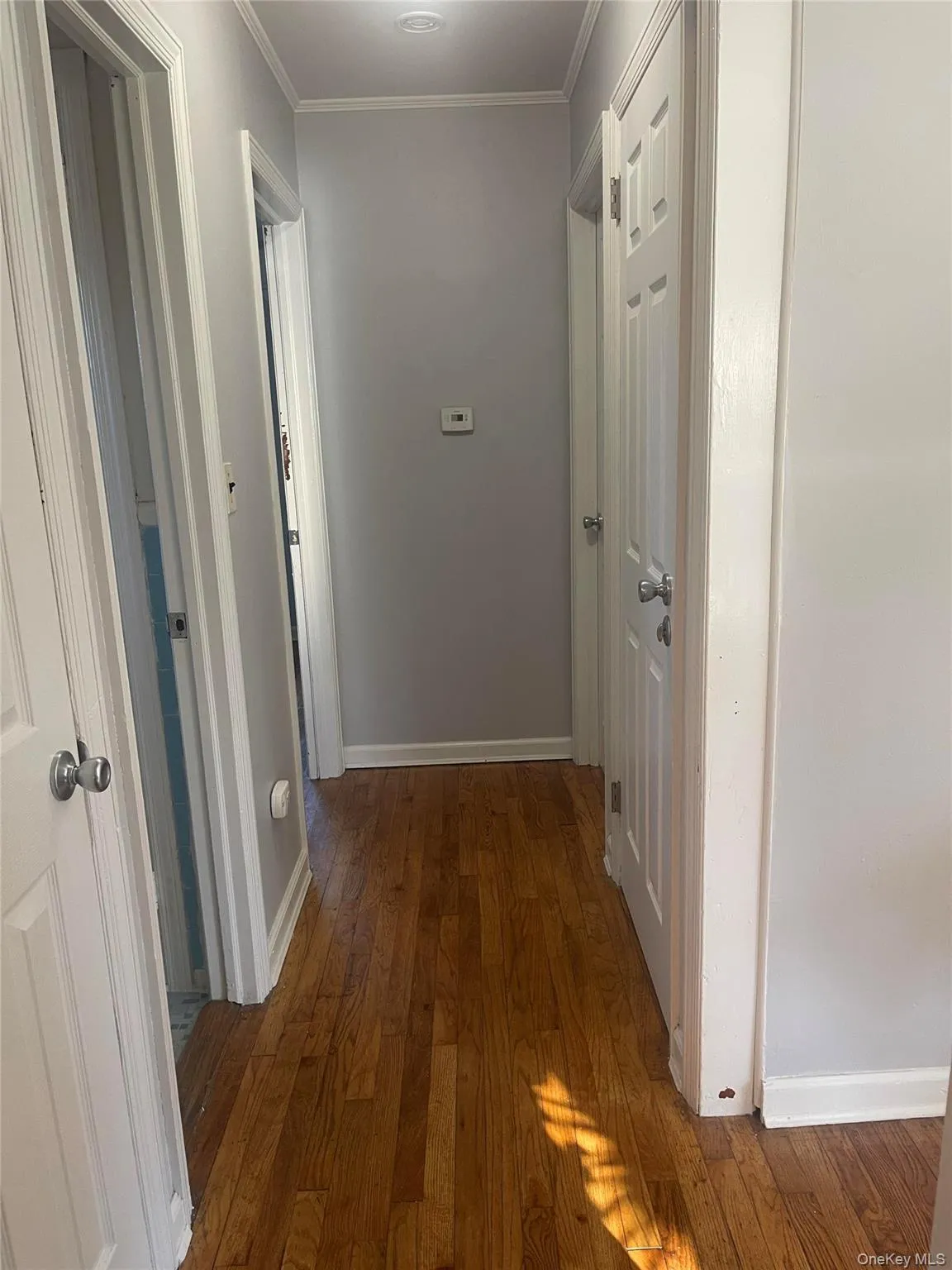 Corridor featuring dark wood-style floors and crown molding Corridor featuring dark wood-style floors and crown molding