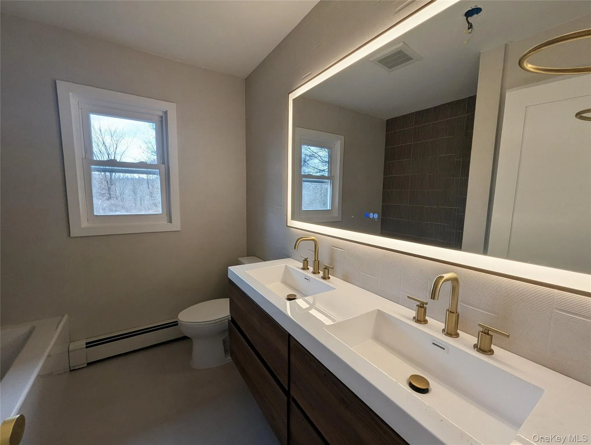 Bathroom with double vanity, baseboard heating, a bathtub, and plenty of natural light Bathroom with double vanity, baseboard heating, a bathtub, and plenty of natural light