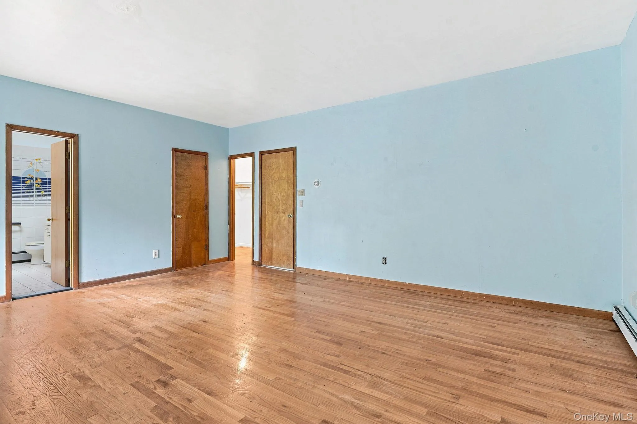 Wood-finish flooring, light blue wall paint, multiple doorways, and white baseboard heating Wood-finish flooring, light blue wall paint, multiple doorways, and white baseboard heating