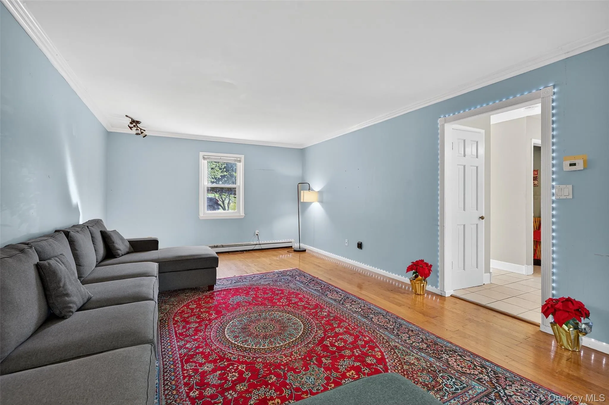 Living area featuring wood finished floors, ornamental molding, and a baseboard heating unit Living area featuring wood finished floors, ornamental molding, and a baseboard heating unit
