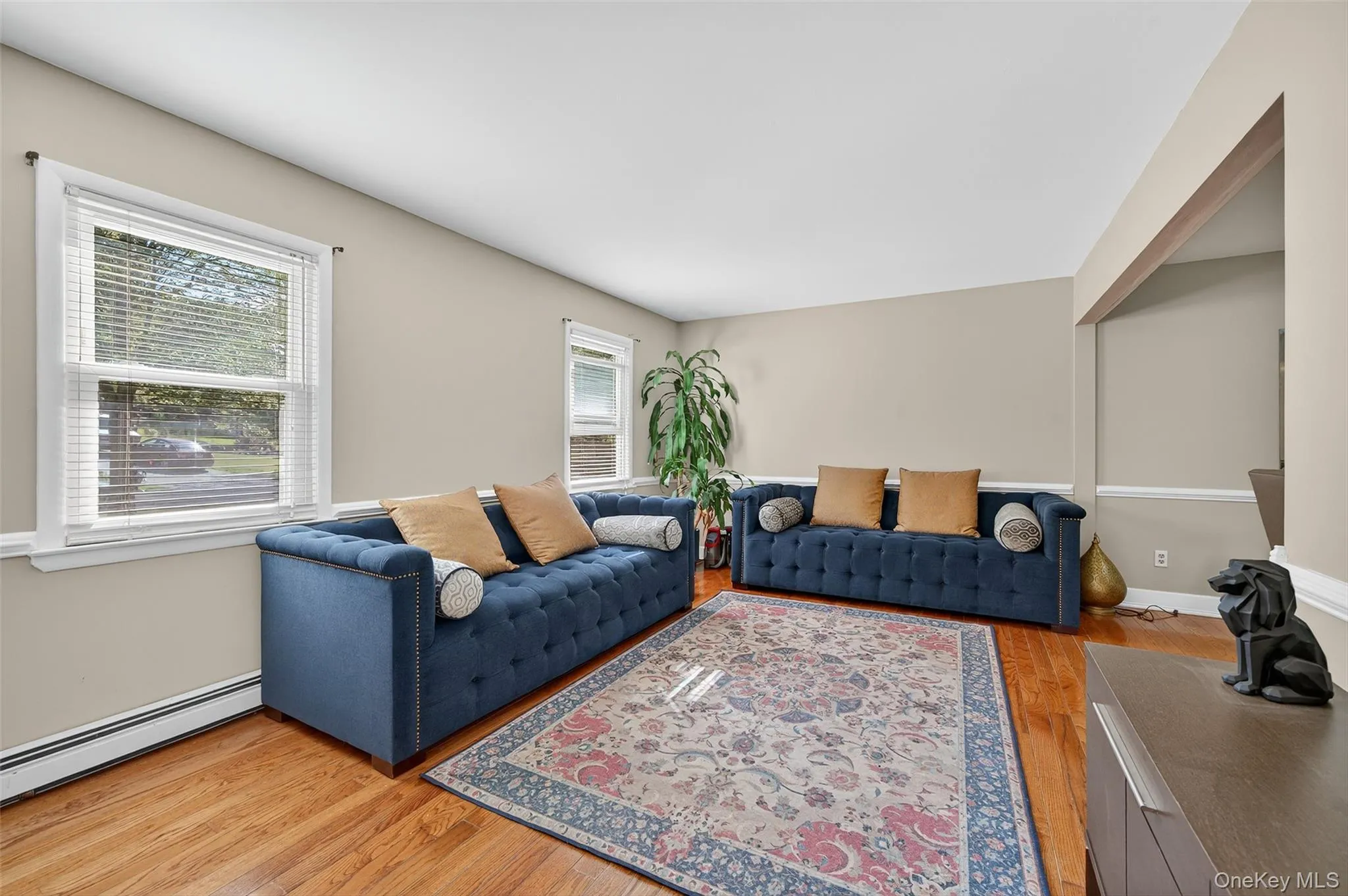 Living room featuring light wood-type flooring and a baseboard radiator Living room featuring light wood-type flooring and a baseboard radiator