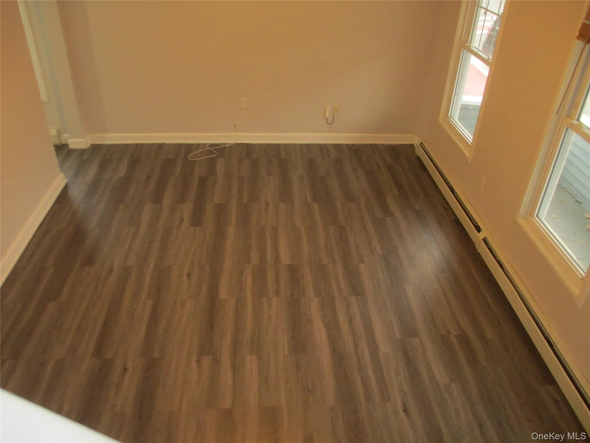 Spare room with baseboard heating, dark wood-style floors, and healthy amount of natural light Spare room with baseboard heating, dark wood-style floors, and healthy amount of natural light