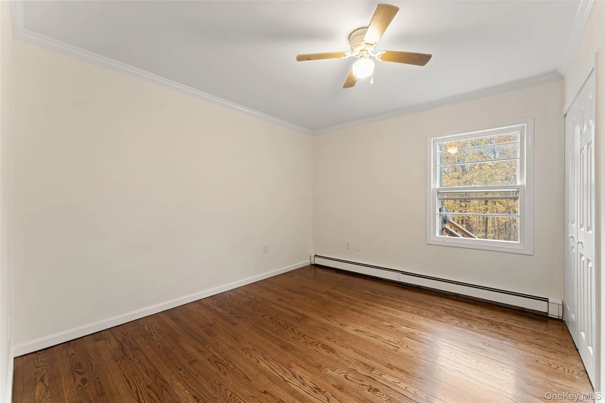 54 De Liso: Empty room with a baseboard radiator, ornamental molding, wood finished floors, and a ceiling fan 54 De Liso: Empty room with a baseboard radiator, ornamental molding, wood finished floors, and a ceiling fan