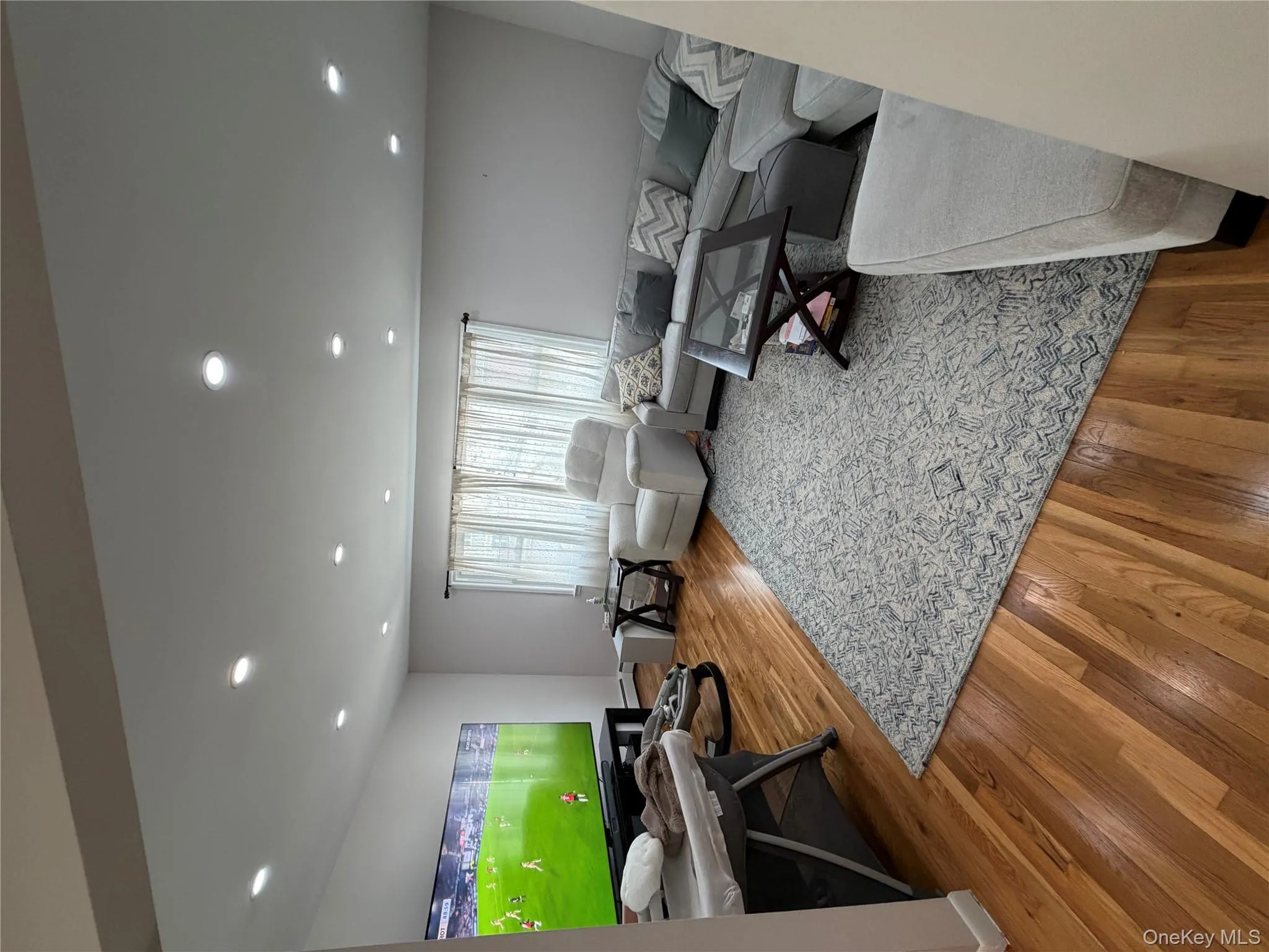 Living area with wood finished floors and recessed lighting Living area with wood finished floors and recessed lighting
