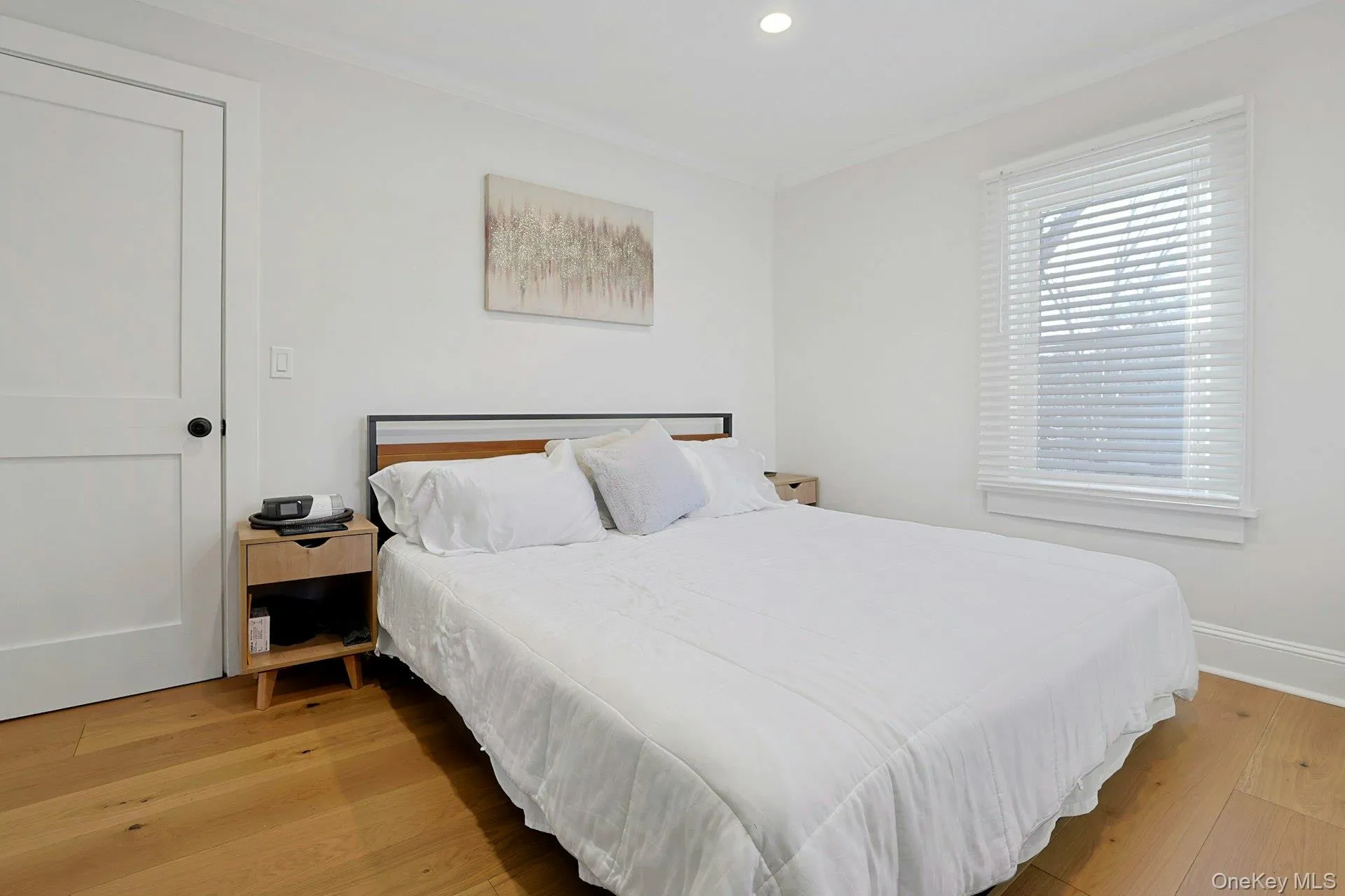 Bedroom with king size bed, crown molding, light wood-style flooring, and recessed lighting Bedroom with king size bed, crown molding, light wood-style flooring, and recessed lighting