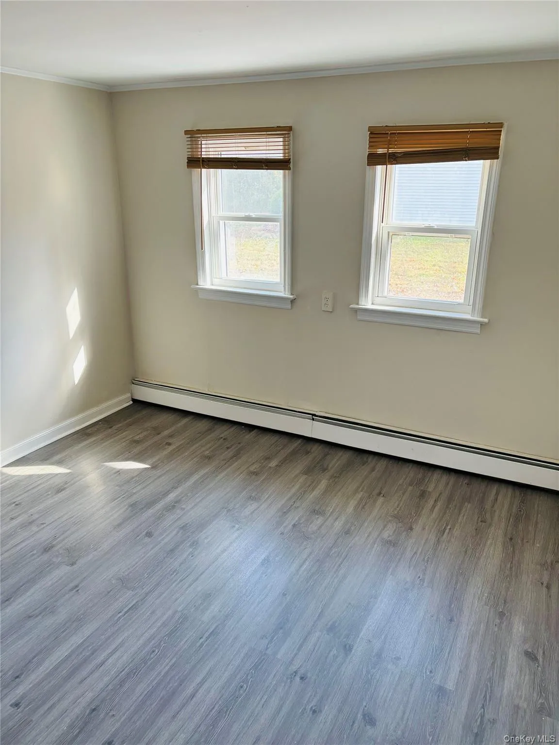 Unfurnished room featuring baseboard heating, wood finished floors, and ornamental molding Unfurnished room featuring baseboard heating, wood finished floors, and ornamental molding
