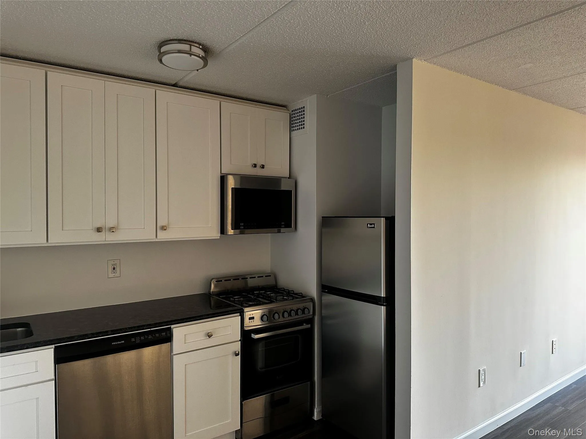 Kitchen with stainless steel appliances, white cabinets, dark wood-type flooring, a textured ceiling, and dark stone counters Kitchen with stainless steel appliances, white cabinets, dark wood-type flooring, a textured ceiling, and dark stone counters