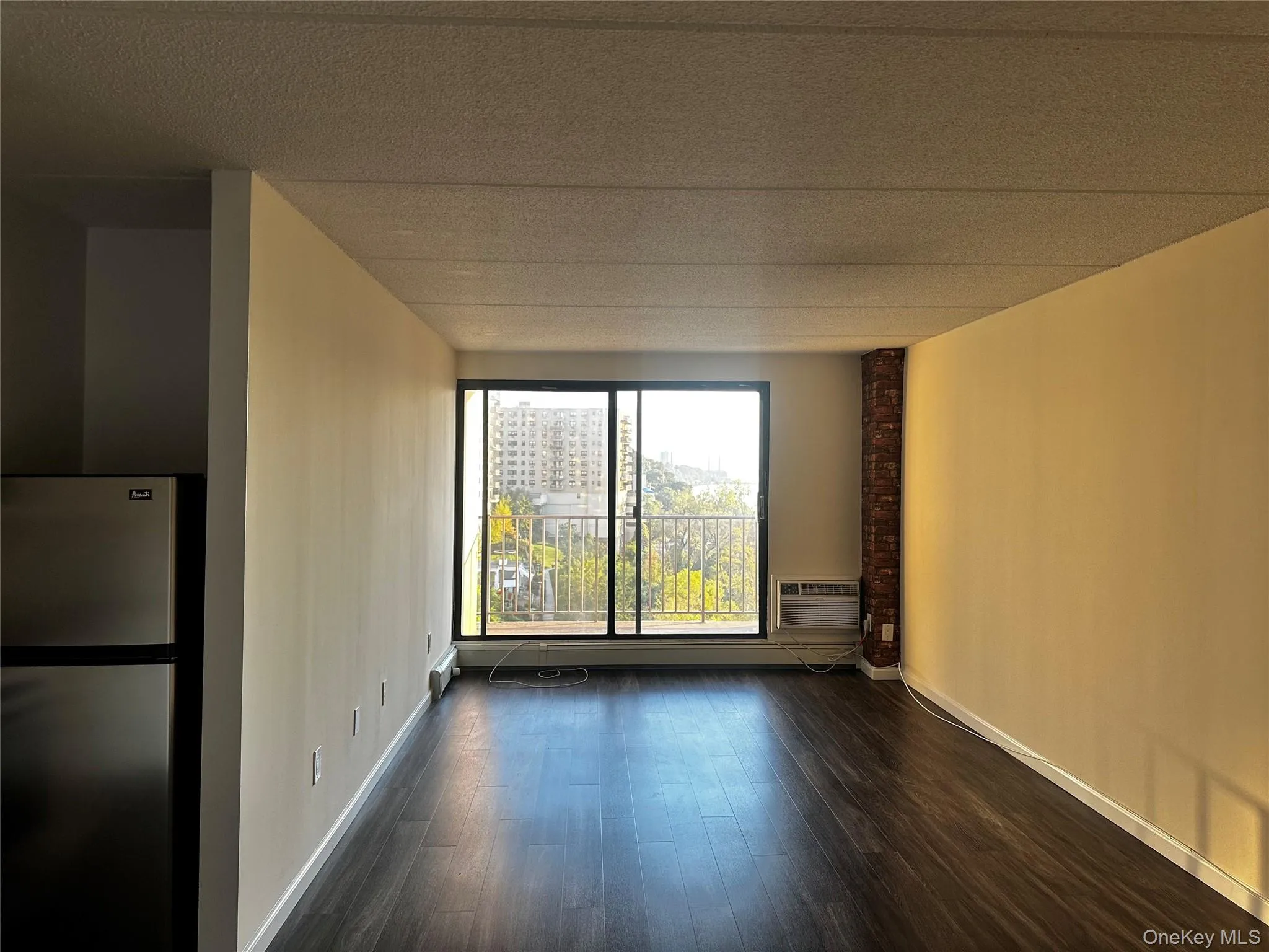 Main room with dark wood-type flooring and a textured ceiling Main room with dark wood-type flooring and a textured ceiling
