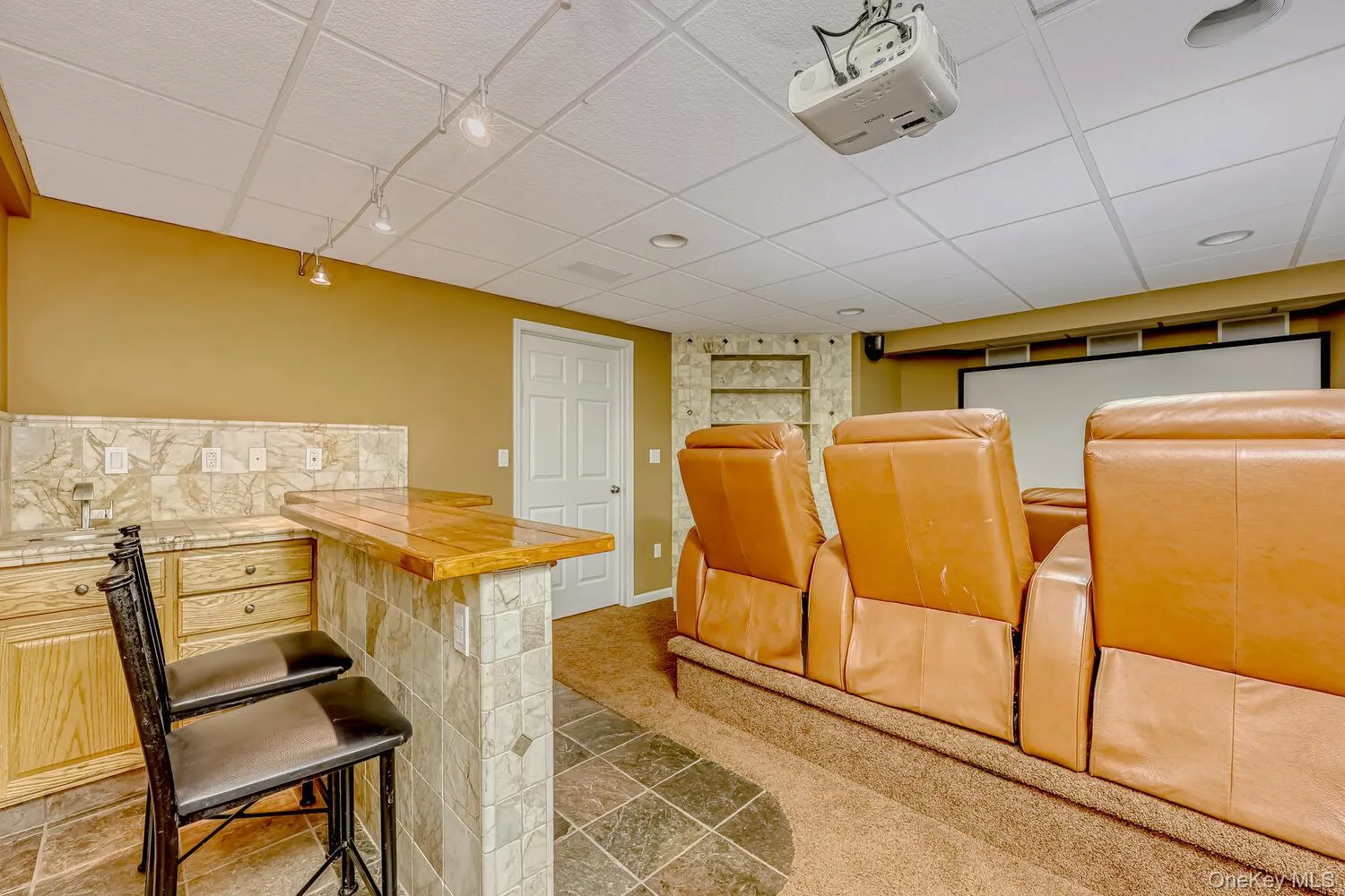Cinema room featuring a drop ceiling, carpet, tile patterned flooring, a dry bar, and track lighting Cinema room featuring a drop ceiling, carpet, tile patterned flooring, a dry bar, and track lighting