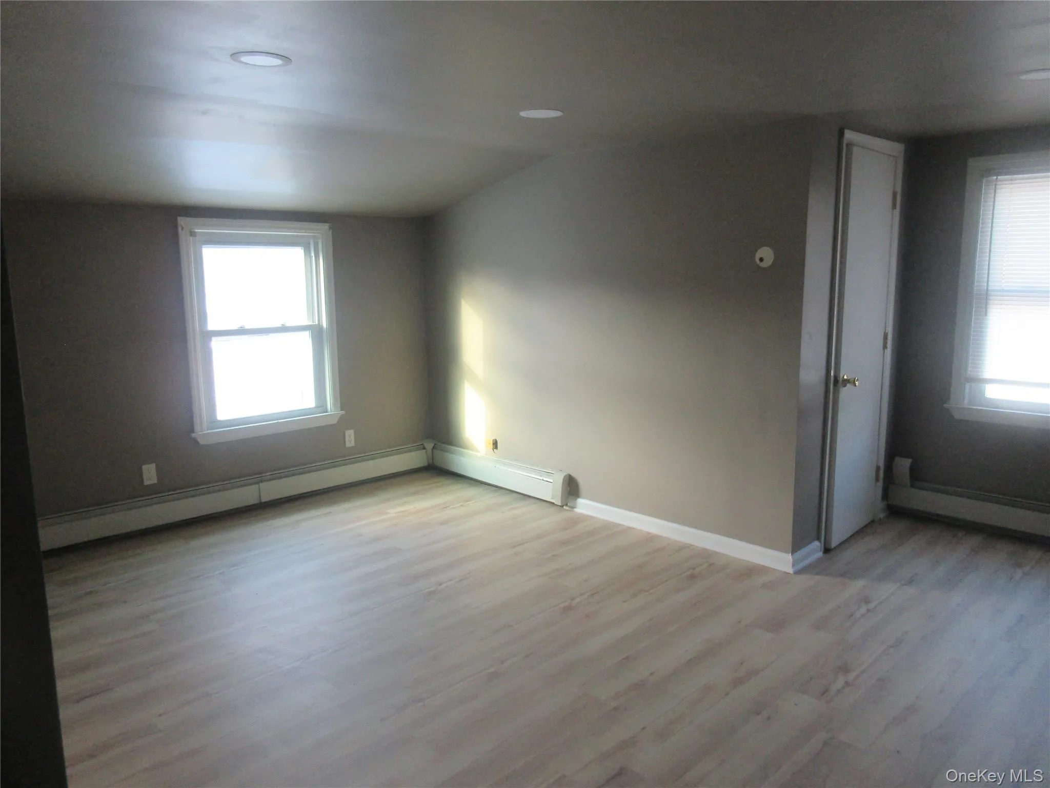 Unfurnished room with light wood-style flooring, baseboard heating, and vaulted ceiling Unfurnished room with light wood-style flooring, baseboard heating, and vaulted ceiling
