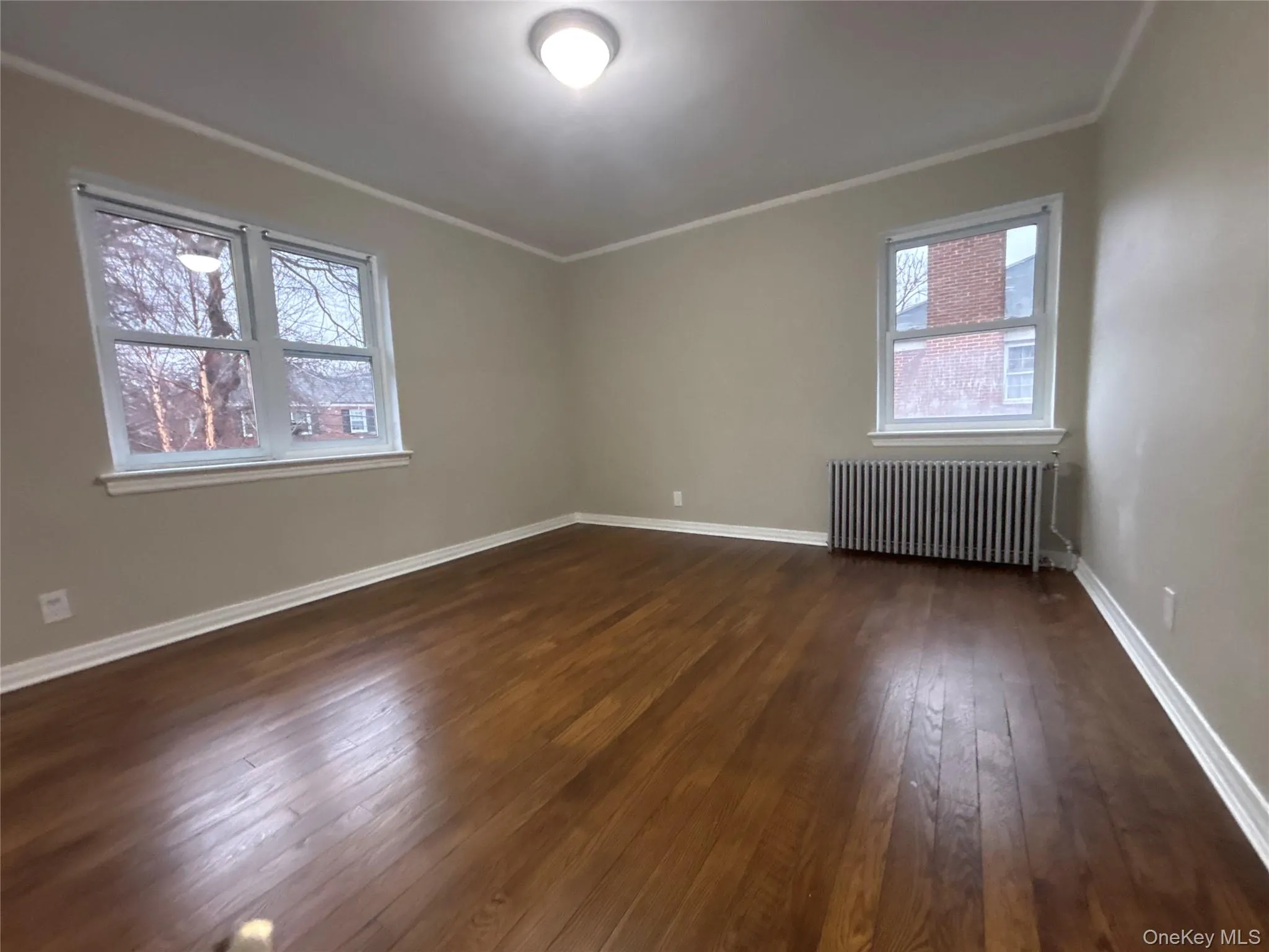 Unfurnished room featuring radiator, dark wood-style flooring, and crown molding Unfurnished room featuring radiator, dark wood-style flooring, and crown molding