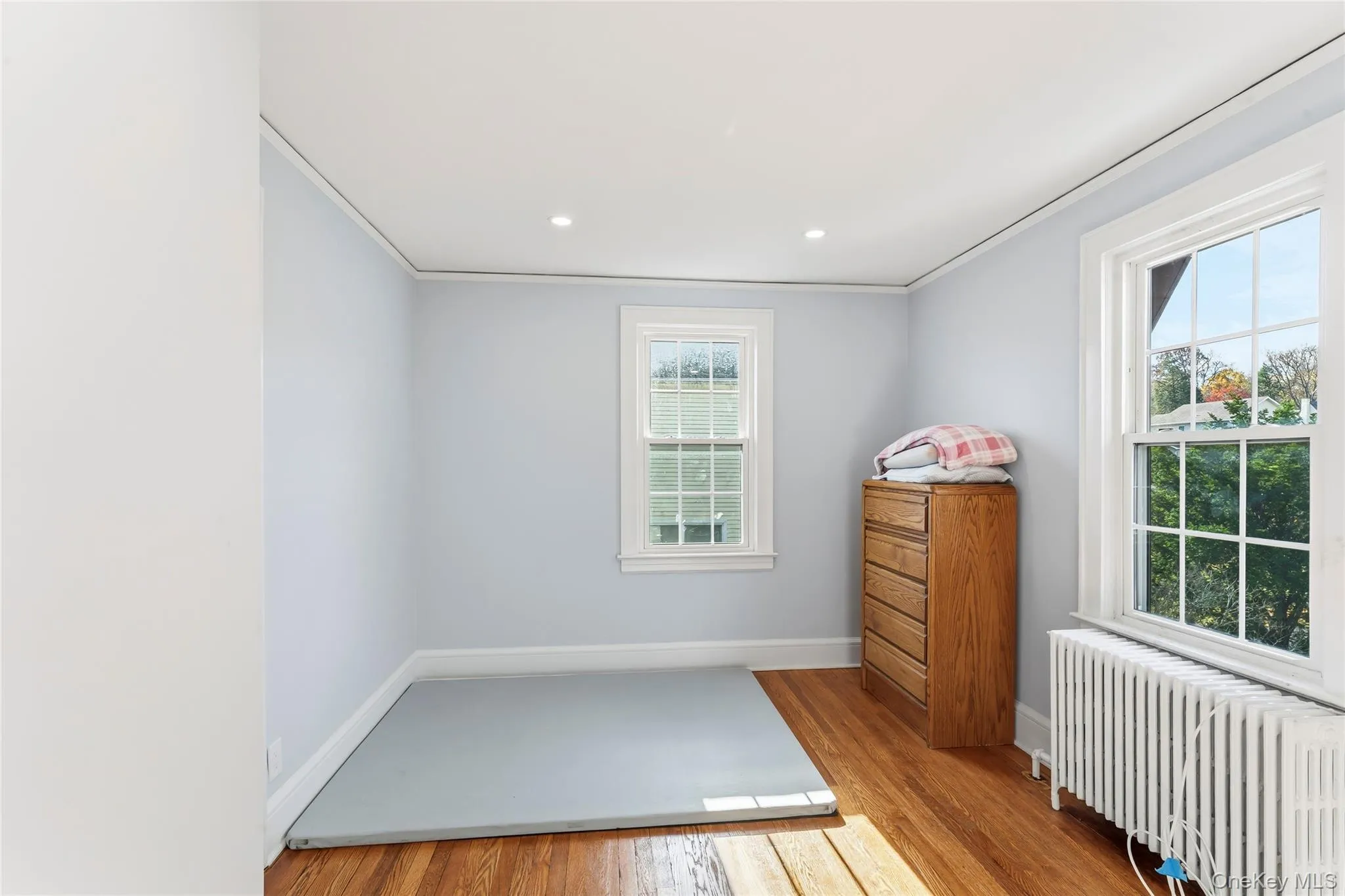Bedroom with radiator heating unit, ornamental molding, light wood-type flooring, and recessed lighting Bedroom with radiator heating unit, ornamental molding, light wood-type flooring, and recessed lighting