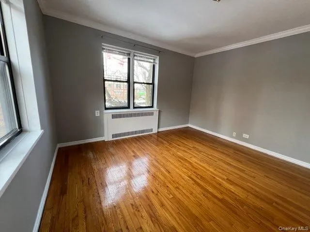 Empty room featuring ornamental molding, radiator, and light wood-style flooring Empty room featuring ornamental molding, radiator, and light wood-style flooring