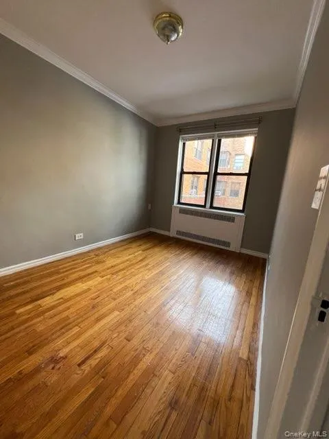 Empty room featuring crown molding, light wood-style floors, and radiator heating unit Empty room featuring crown molding, light wood-style floors, and radiator heating unit