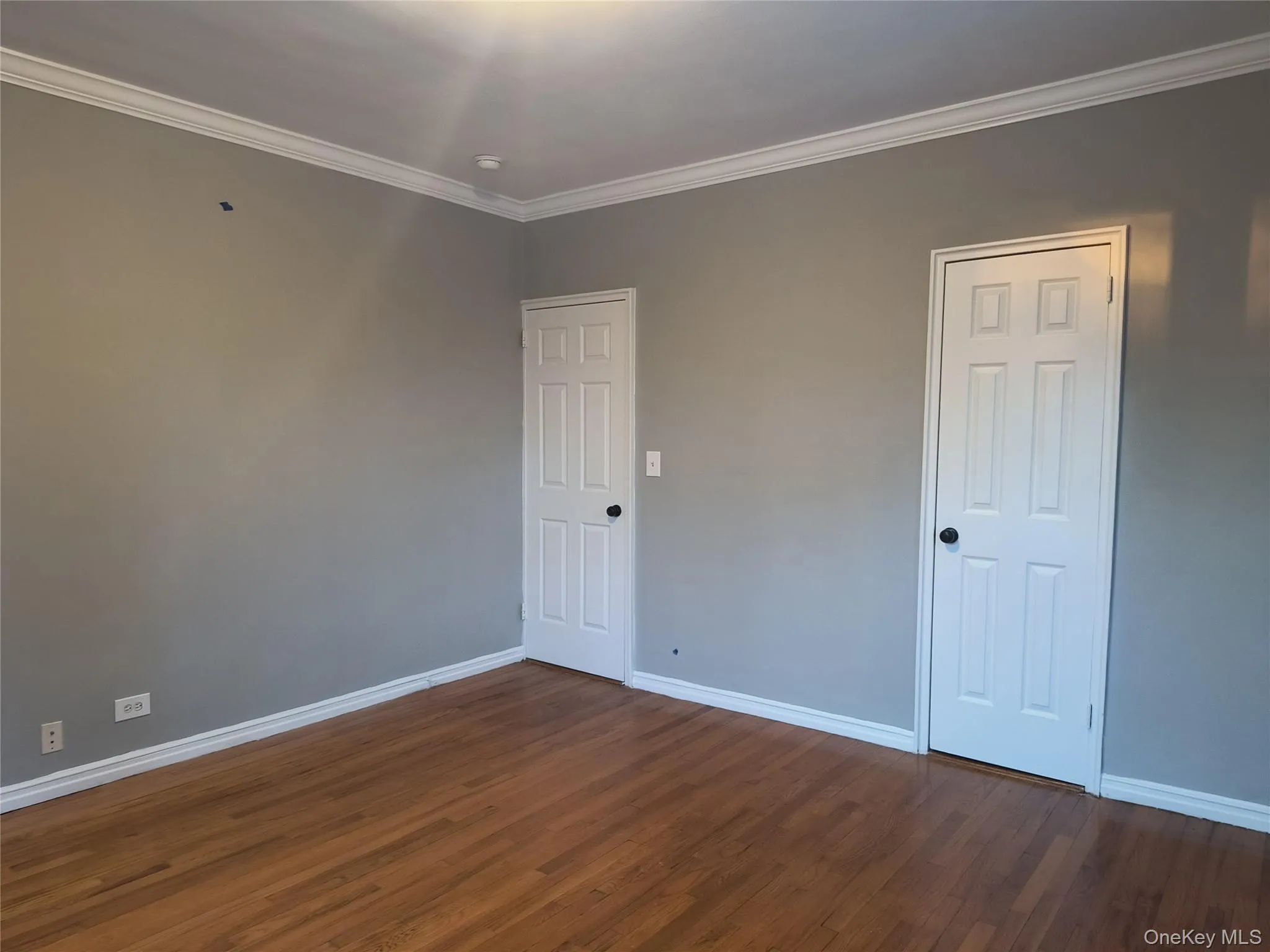 Empty room with crown molding and dark wood finished floors Empty room with crown molding and dark wood finished floors