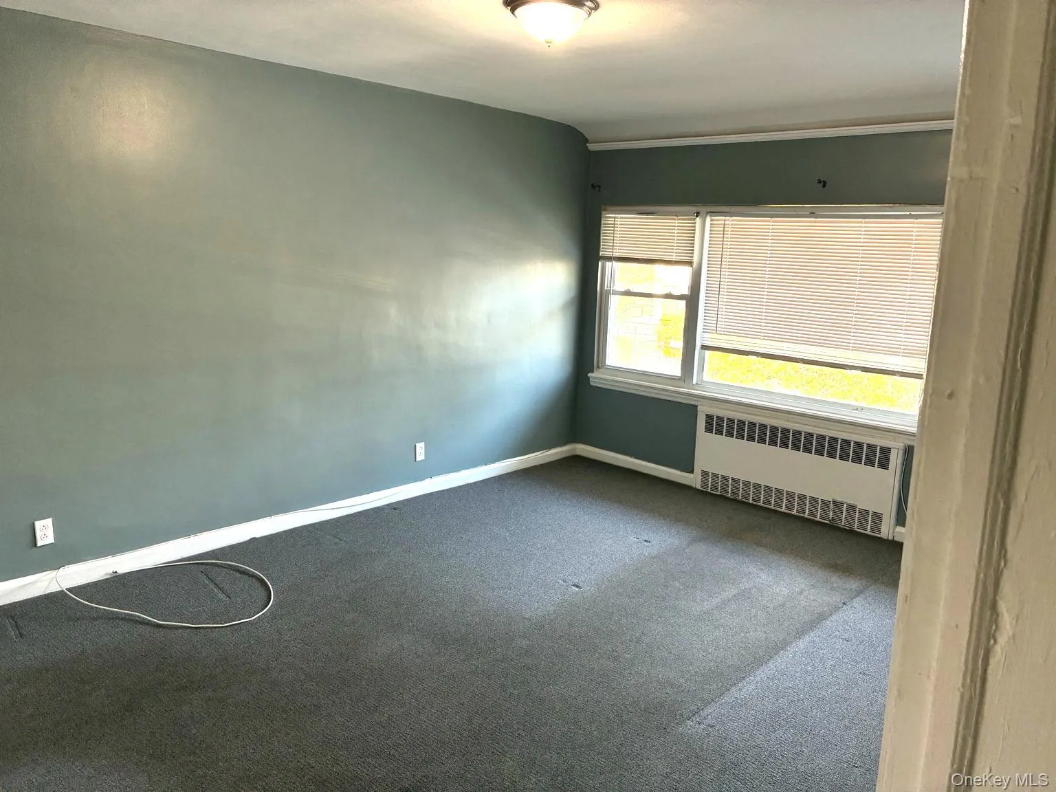 Empty room featuring radiator and carpet flooring Empty room featuring radiator and carpet flooring