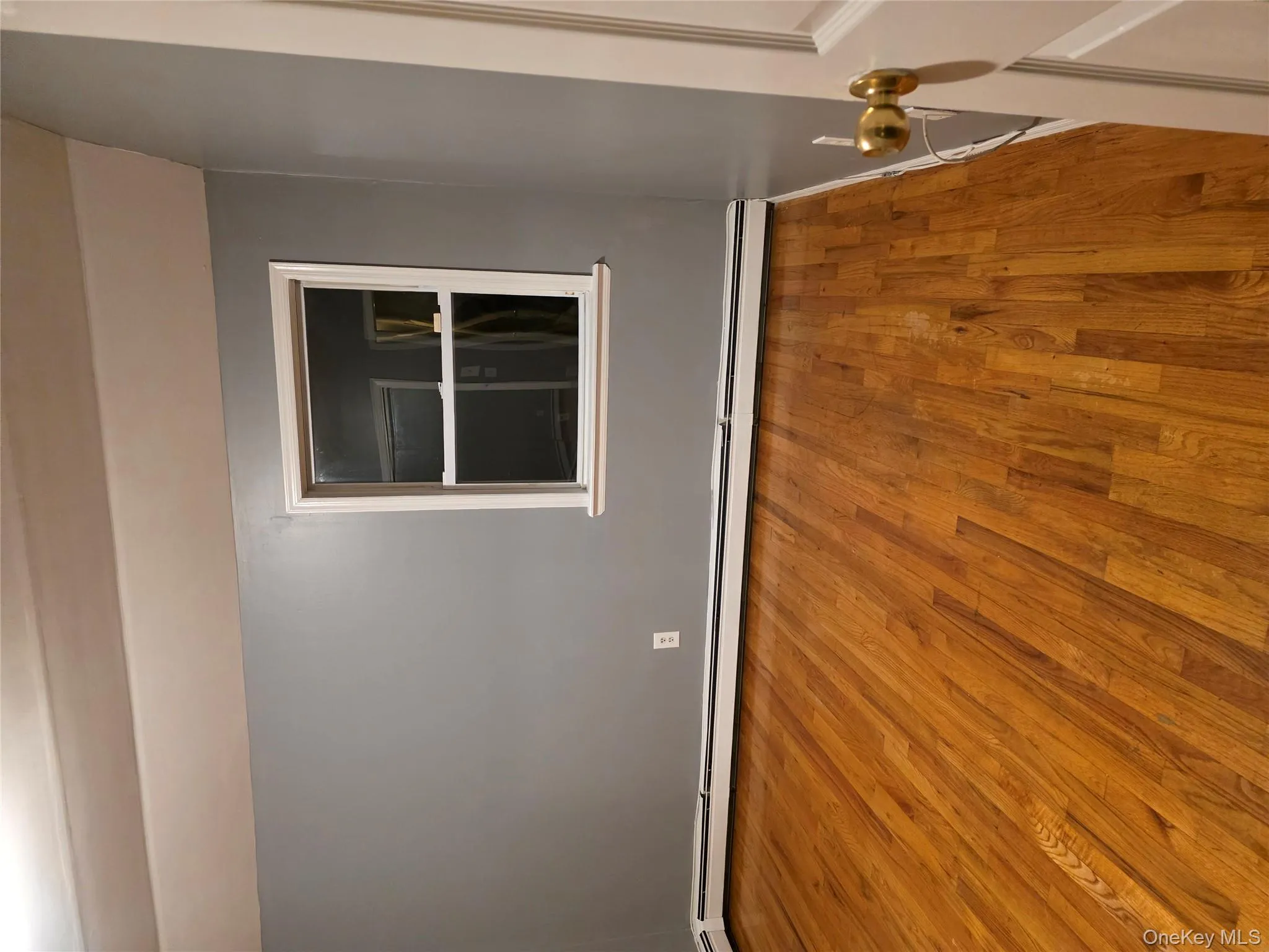Empty room with a baseboard radiator, light wood-style flooring, and vaulted ceiling Empty room with a baseboard radiator, light wood-style flooring, and vaulted ceiling