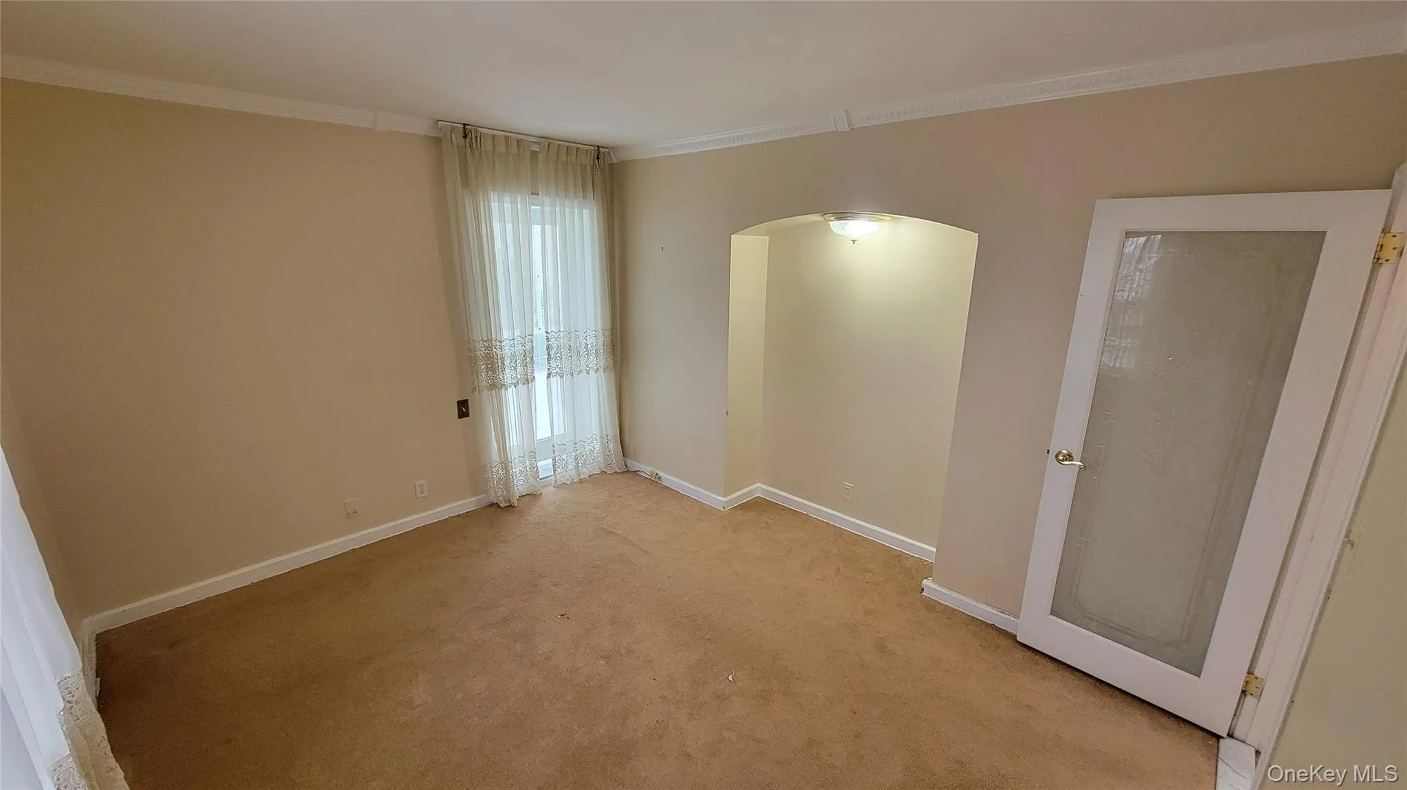 Carpeted spare room with arched walkways and ornamental molding Carpeted spare room with arched walkways and ornamental molding