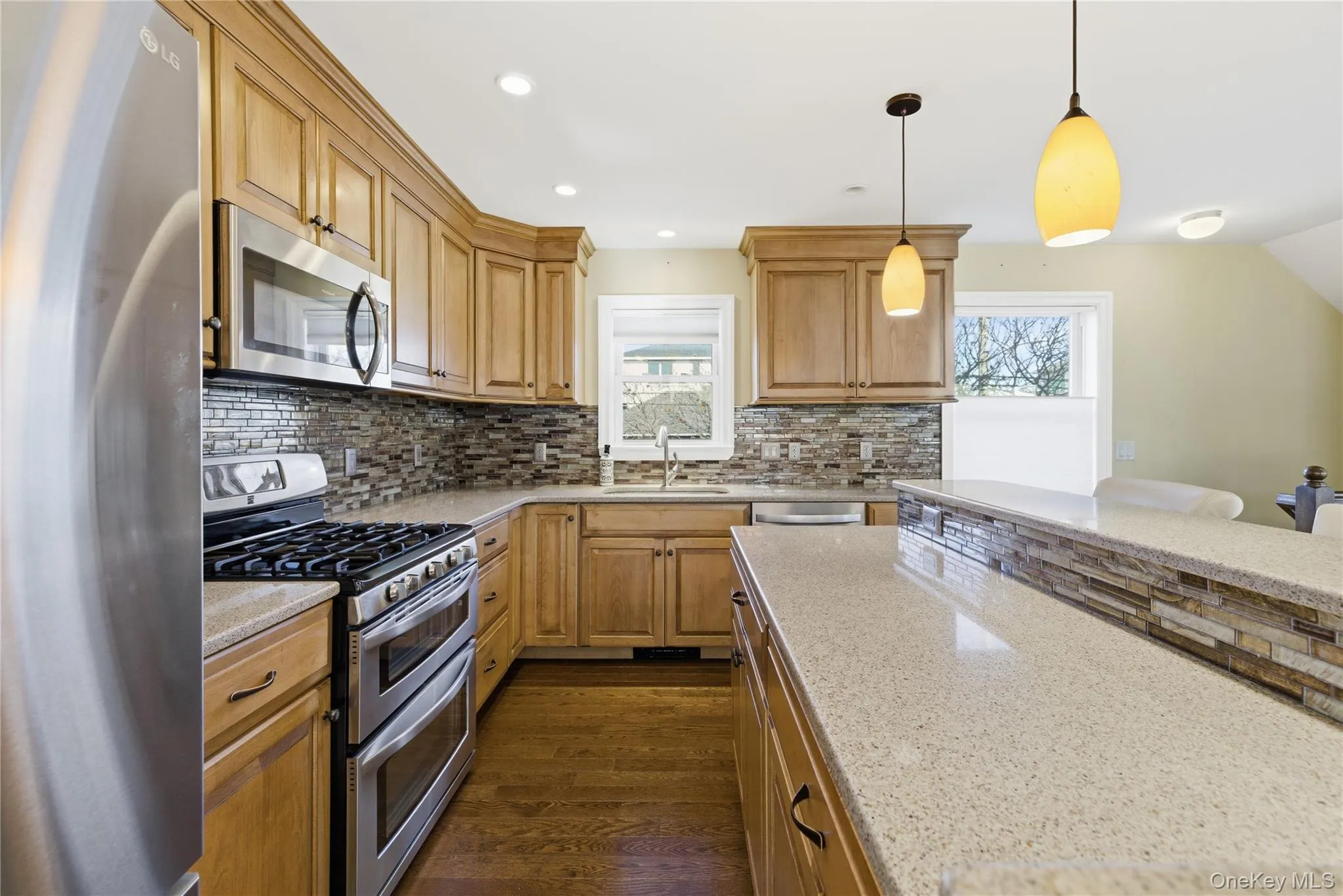Kitchen featuring appliances with stainless steel finishes, light stone countertops, dark wood-style floors, tasteful backsplash, and recessed lighting Kitchen featuring appliances with stainless steel finishes, light stone countertops, dark wood-style floors, tasteful backsplash, and recessed lighting