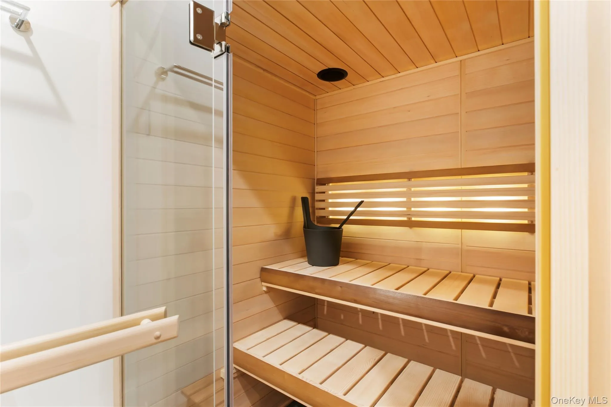 Relaxing sauna featuring wood ceiling Relaxing sauna featuring wood ceiling