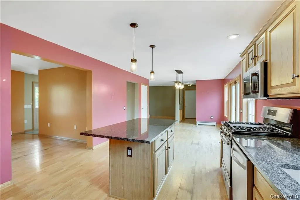Kitchen with stainless steel appliances, light wood-style floors, dark stone countertops, open floor plan, and recessed lighting Kitchen with stainless steel appliances, light wood-style floors, dark stone countertops, open floor plan, and recessed lighting