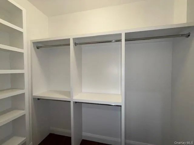 Walk in closet featuring dark wood-type flooring Walk in closet featuring dark wood-type flooring