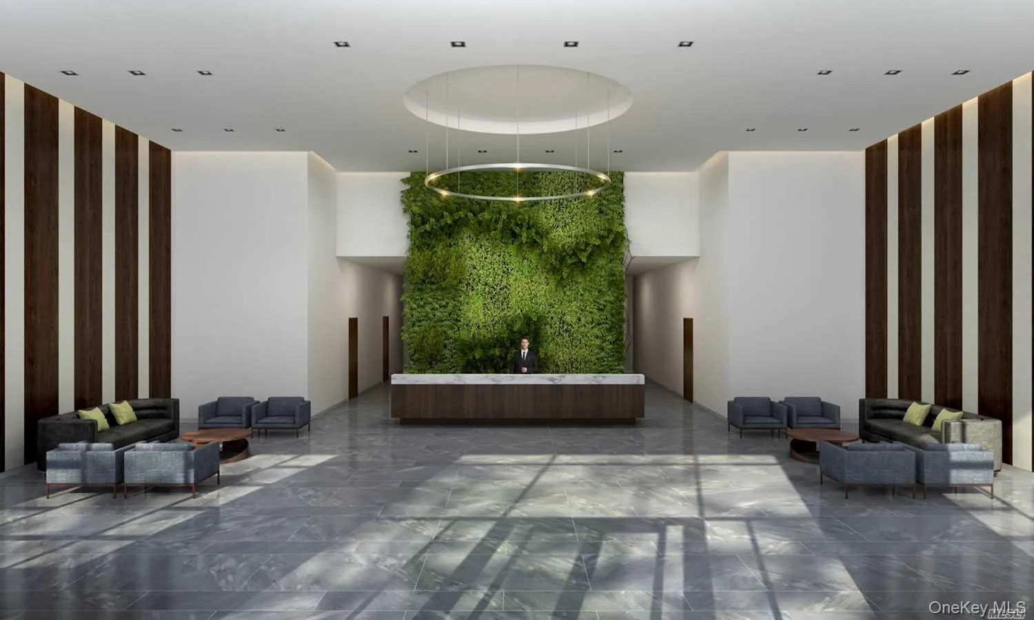 Community lobby with wallpapered walls and a towering ceiling Community lobby with wallpapered walls and a towering ceiling