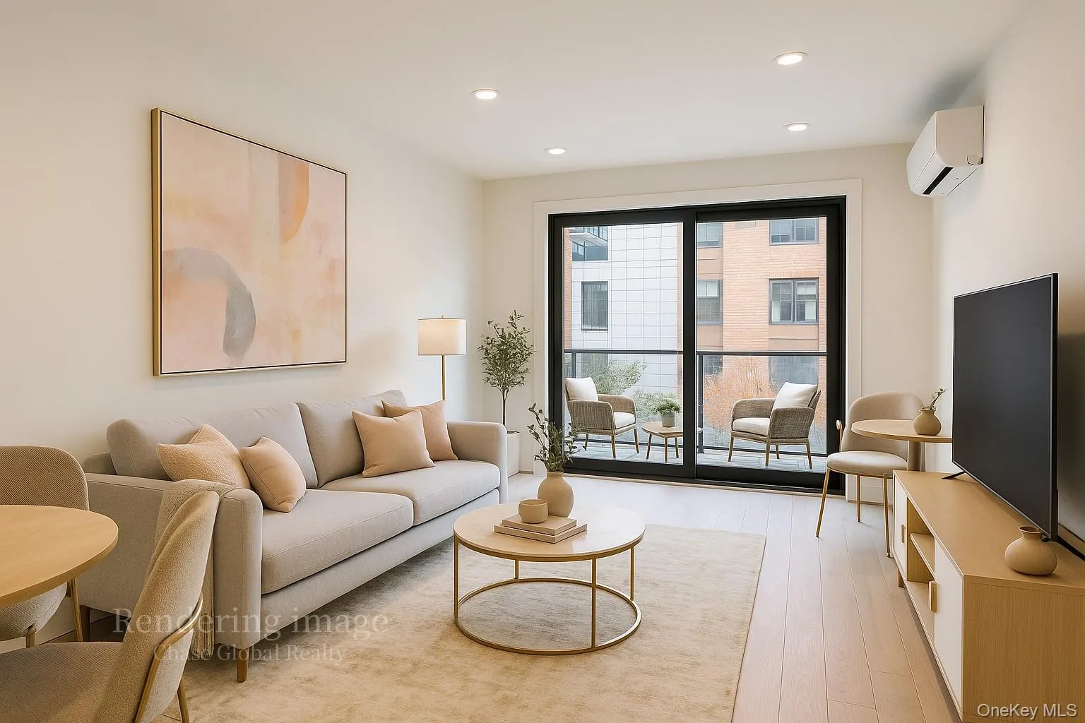 Living area featuring recessed lighting, light wood-style flooring, and a wall mounted AC Living area featuring recessed lighting, light wood-style flooring, and a wall mounted AC