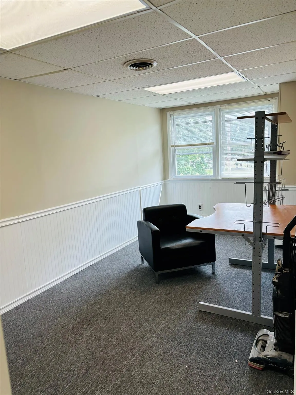 Office B with a drop ceiling, wainscoting, and dark colored carpet Office B with a drop ceiling, wainscoting, and dark colored carpet