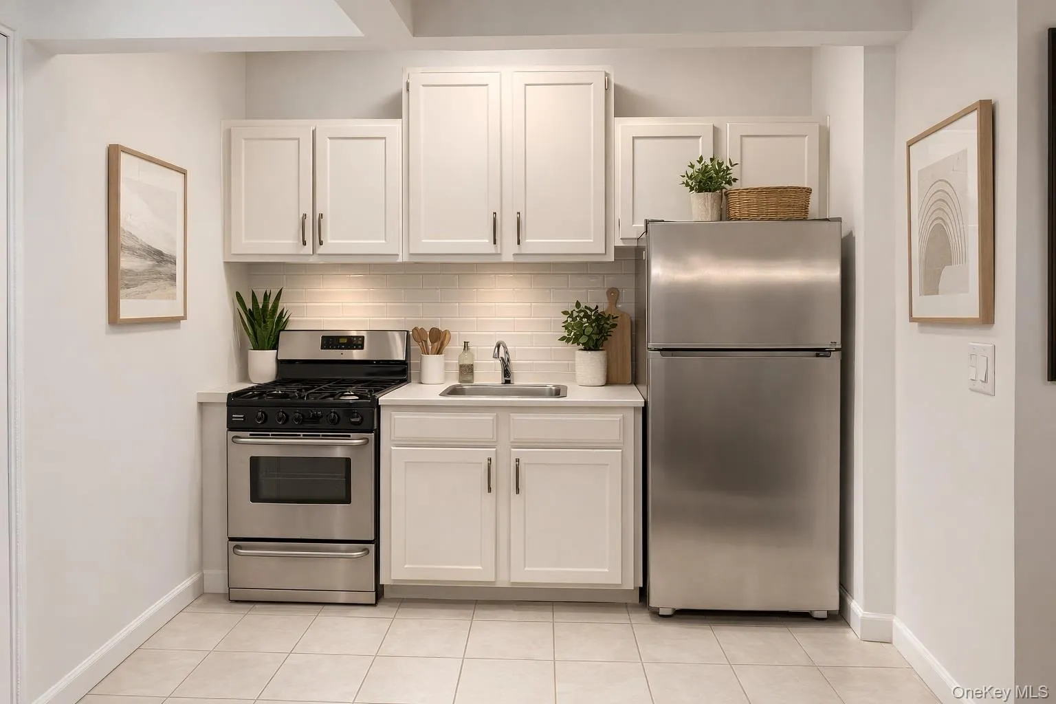Virtually Staged White Kitchen with subway tile backsplash Virtually Staged White Kitchen with subway tile backsplash