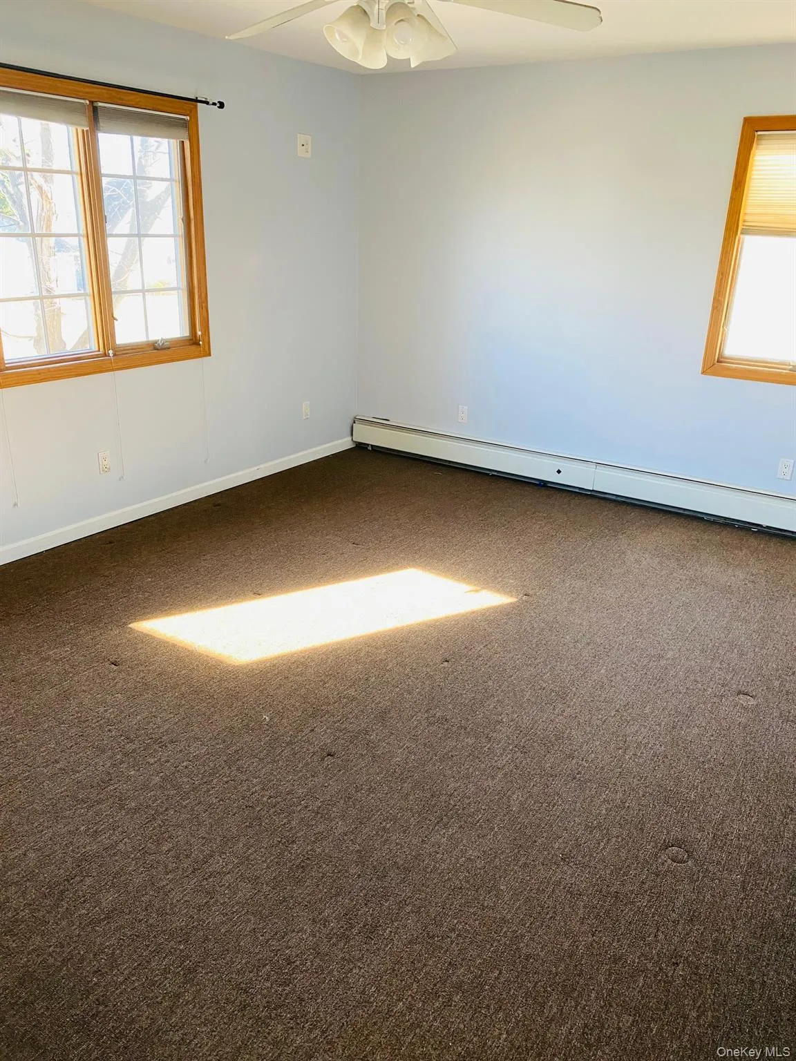 Spare room with dark colored carpet, a baseboard heating unit, and a ceiling fan Spare room with dark colored carpet, a baseboard heating unit, and a ceiling fan