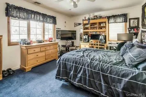 Bedroom featuring dark colored carpet and a ceiling fan Bedroom featuring dark colored carpet and a ceiling fan