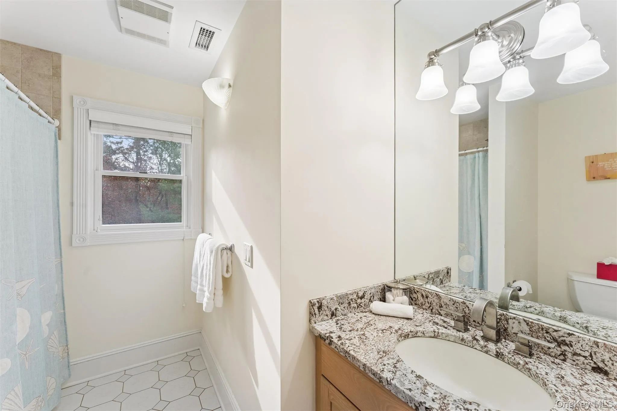 Bathroom featuring vanity and a shower with shower curtain Bathroom featuring vanity and a shower with shower curtain