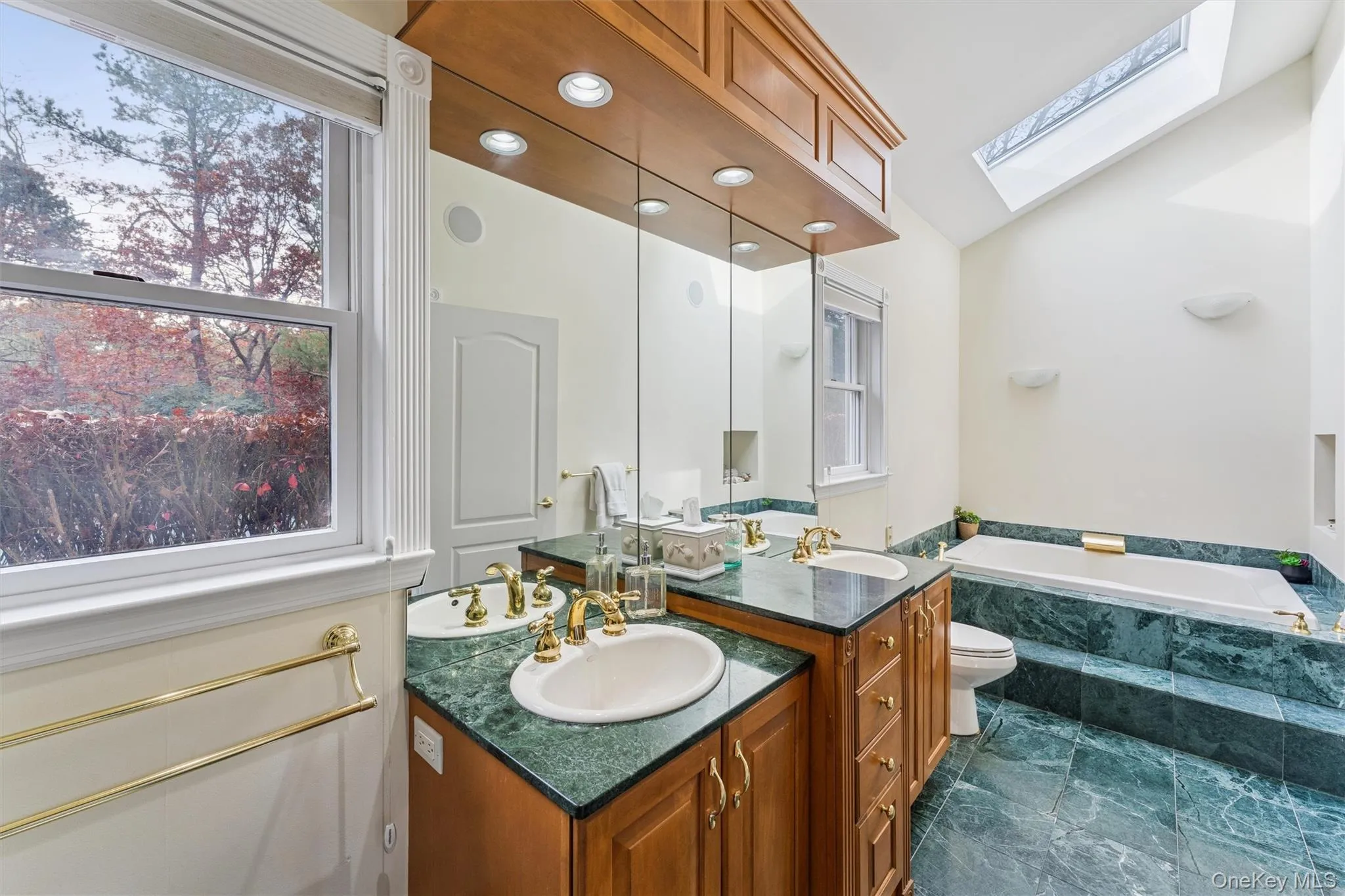 Full bathroom featuring a garden tub, a skylight, vanity, healthy amount of natural light, and lofted ceiling Full bathroom featuring a garden tub, a skylight, vanity, healthy amount of natural light, and lofted ceiling