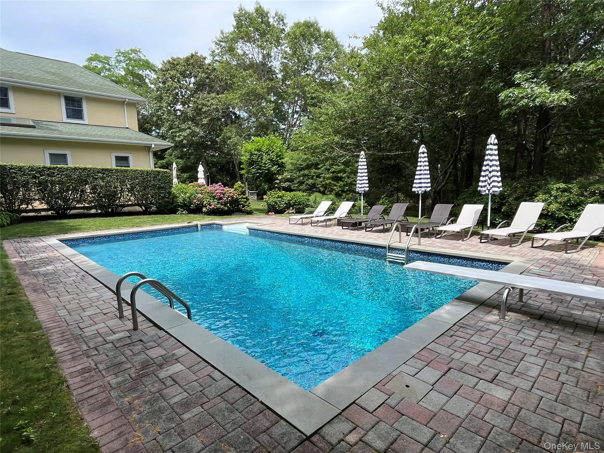 View of pool with a patio area, a diving board, and view of wooded area View of pool with a patio area, a diving board, and view of wooded area
