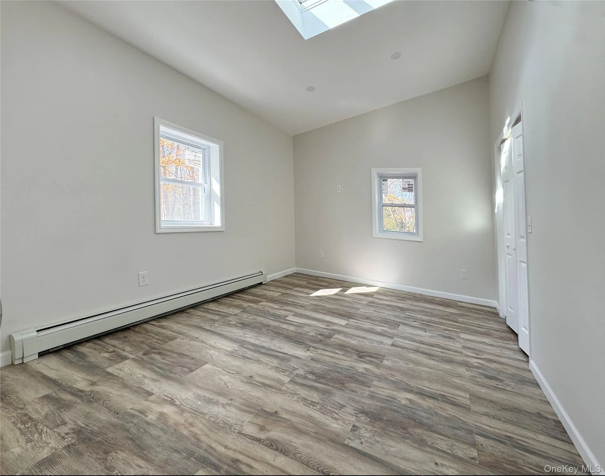 Unfurnished room with a skylight, lofted ceiling, baseboard heating, and light wood-type flooring Unfurnished room with a skylight, lofted ceiling, baseboard heating, and light wood-type flooring