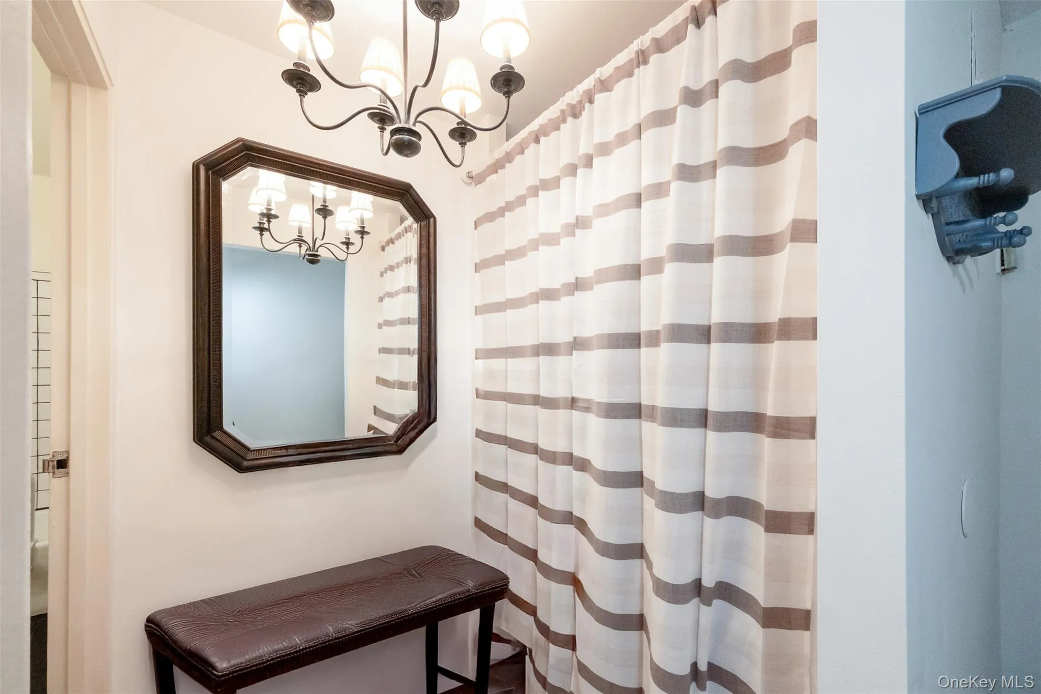 Bathroom with curtained shower and a chandelier Bathroom with curtained shower and a chandelier