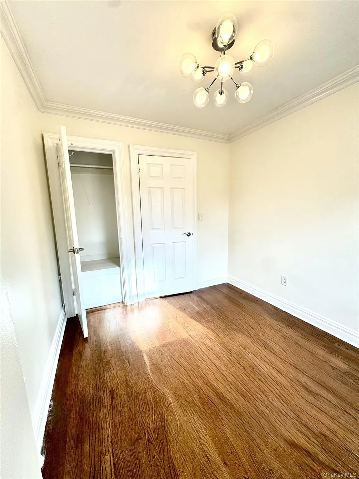 Unfurnished bedroom with dark wood-type flooring, ornamental molding, a closet, and a chandelier Unfurnished bedroom with dark wood-type flooring, ornamental molding, a closet, and a chandelier