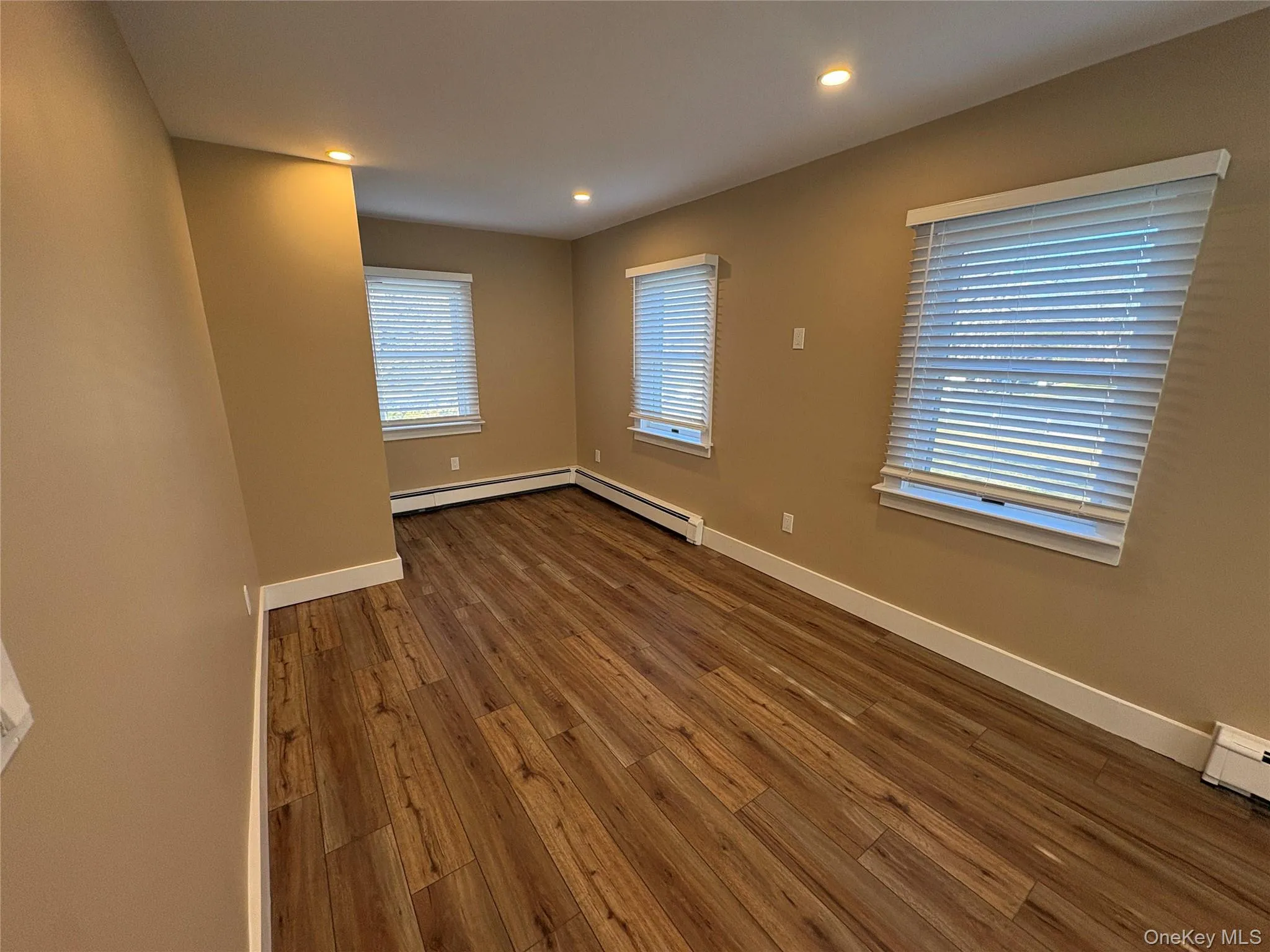 Spare room with dark wood-style flooring, recessed lighting, and baseboard heating Spare room with dark wood-style flooring, recessed lighting, and baseboard heating
