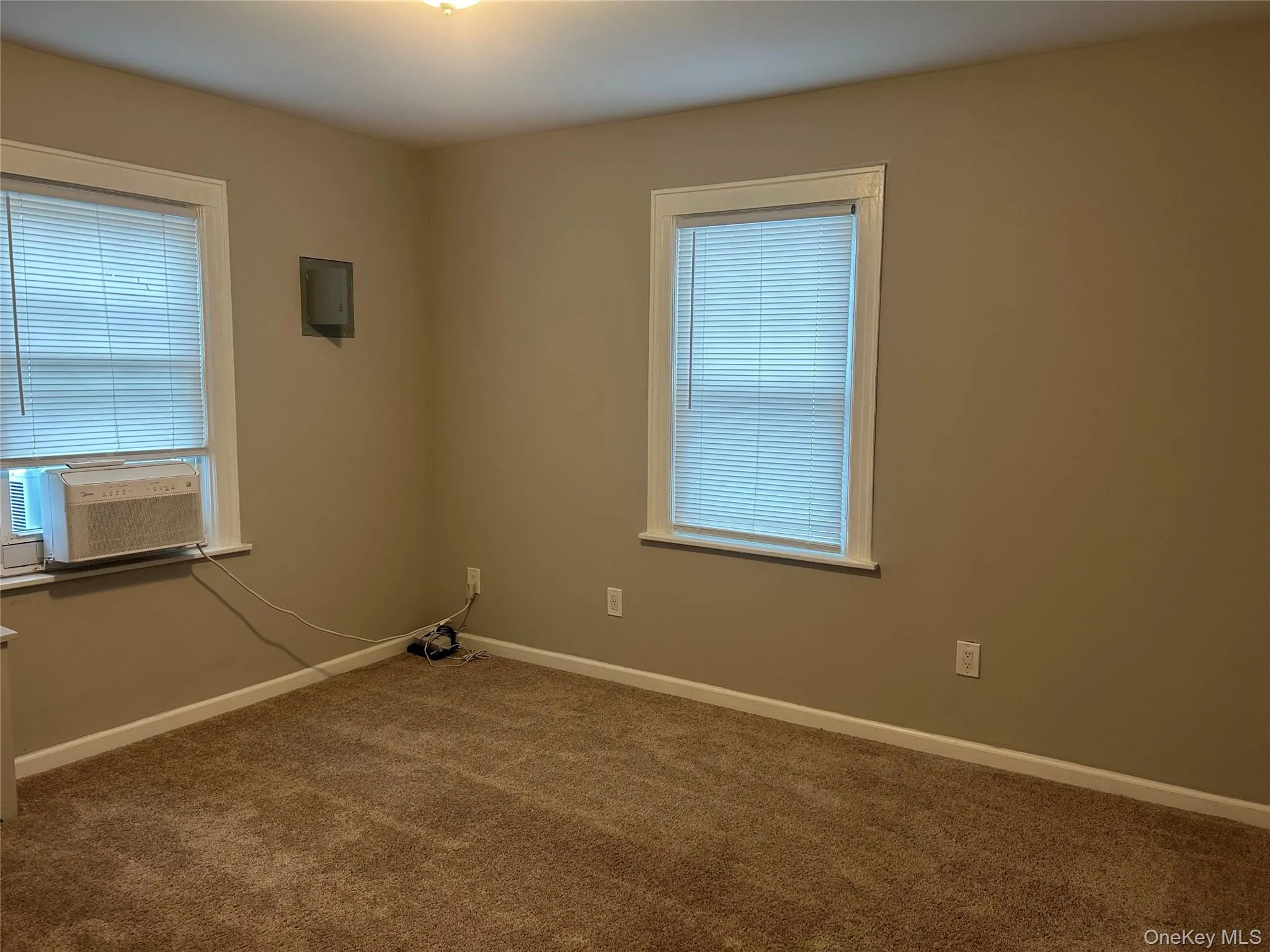 Living room with carpet flooring, cooling unit, healthy amount of natural light, and separate electric panel Living room with carpet flooring, cooling unit, healthy amount of natural light, and separate electric panel