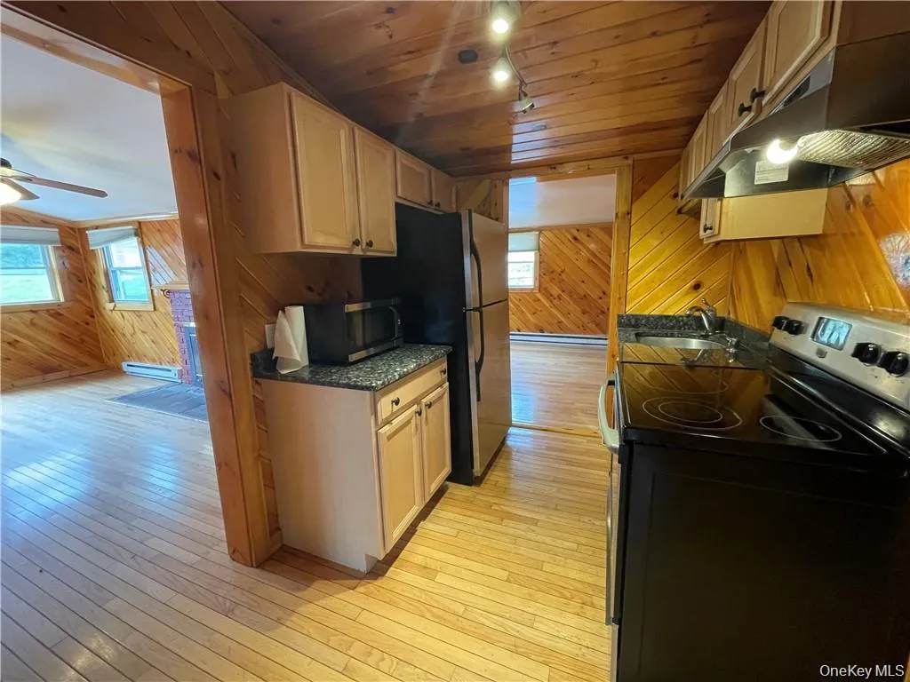 Kitchen with wooden walls, electric range oven, wood ceiling, light wood-style floors, and dark stone counters Kitchen with wooden walls, electric range oven, wood ceiling, light wood-style floors, and dark stone counters