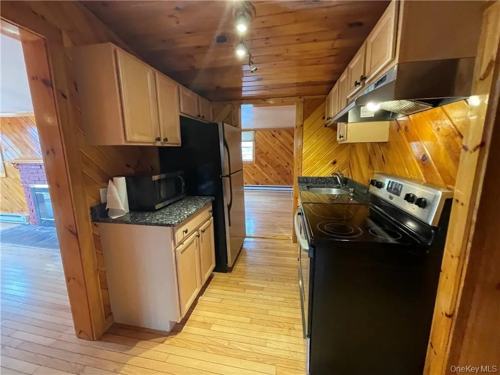 Kitchen featuring range with electric cooktop, wood walls, wood ceiling, under cabinet range hood, and light wood-style floors Kitchen featuring range with electric cooktop, wood walls, wood ceiling, under cabinet range hood, and light wood-style floors