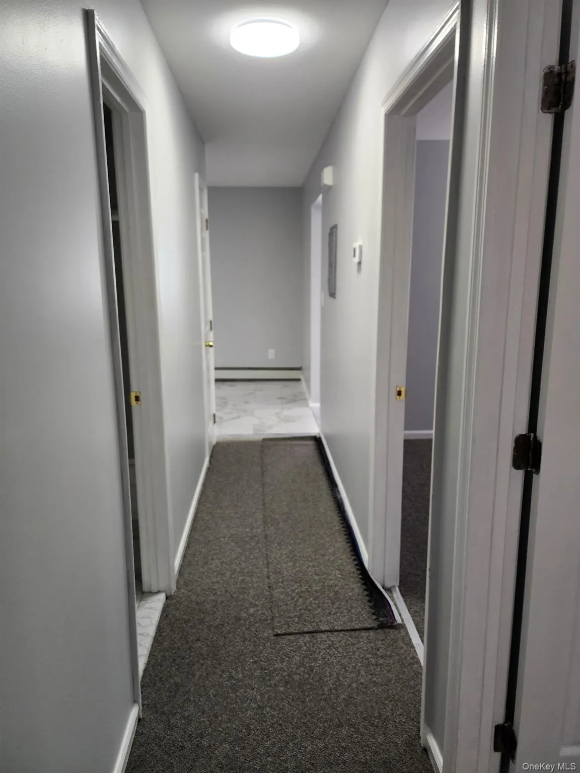 Hallway featuring light colored carpet and a baseboard radiator Hallway featuring light colored carpet and a baseboard radiator