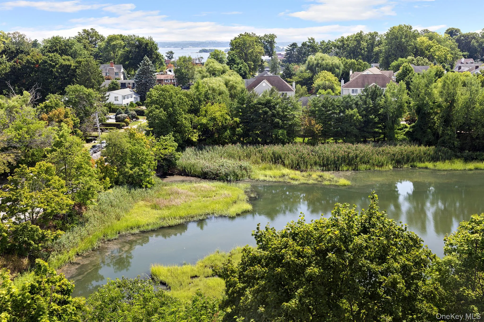Drone / aerial view of a large body of water and a tree filled landscape Drone / aerial view of a large body of water and a tree filled landscape