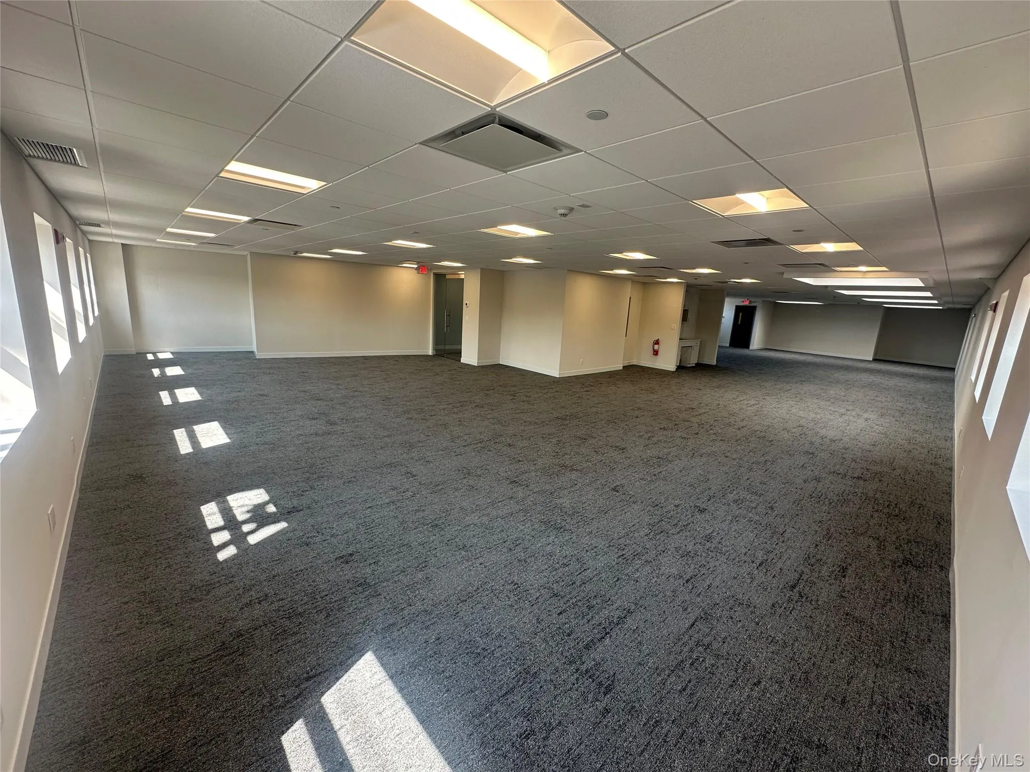 Empty room with carpet and a paneled ceiling Empty room with carpet and a paneled ceiling