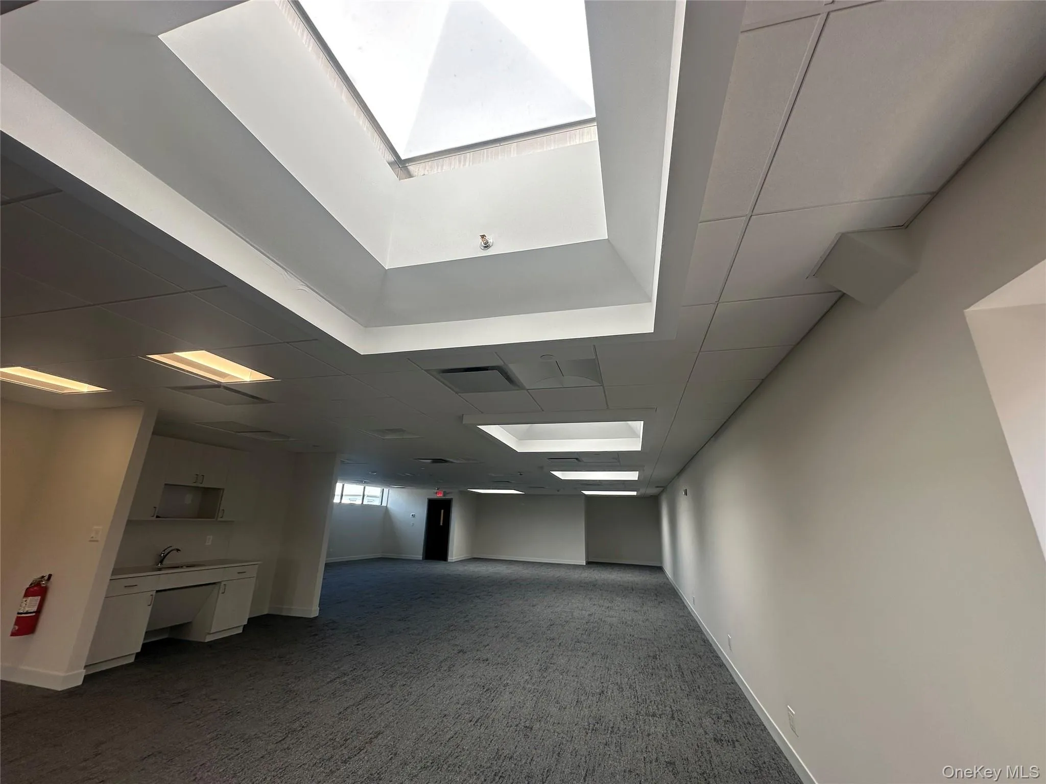 Spare room featuring a skylight, dark colored carpet, and an office area Spare room featuring a skylight, dark colored carpet, and an office area