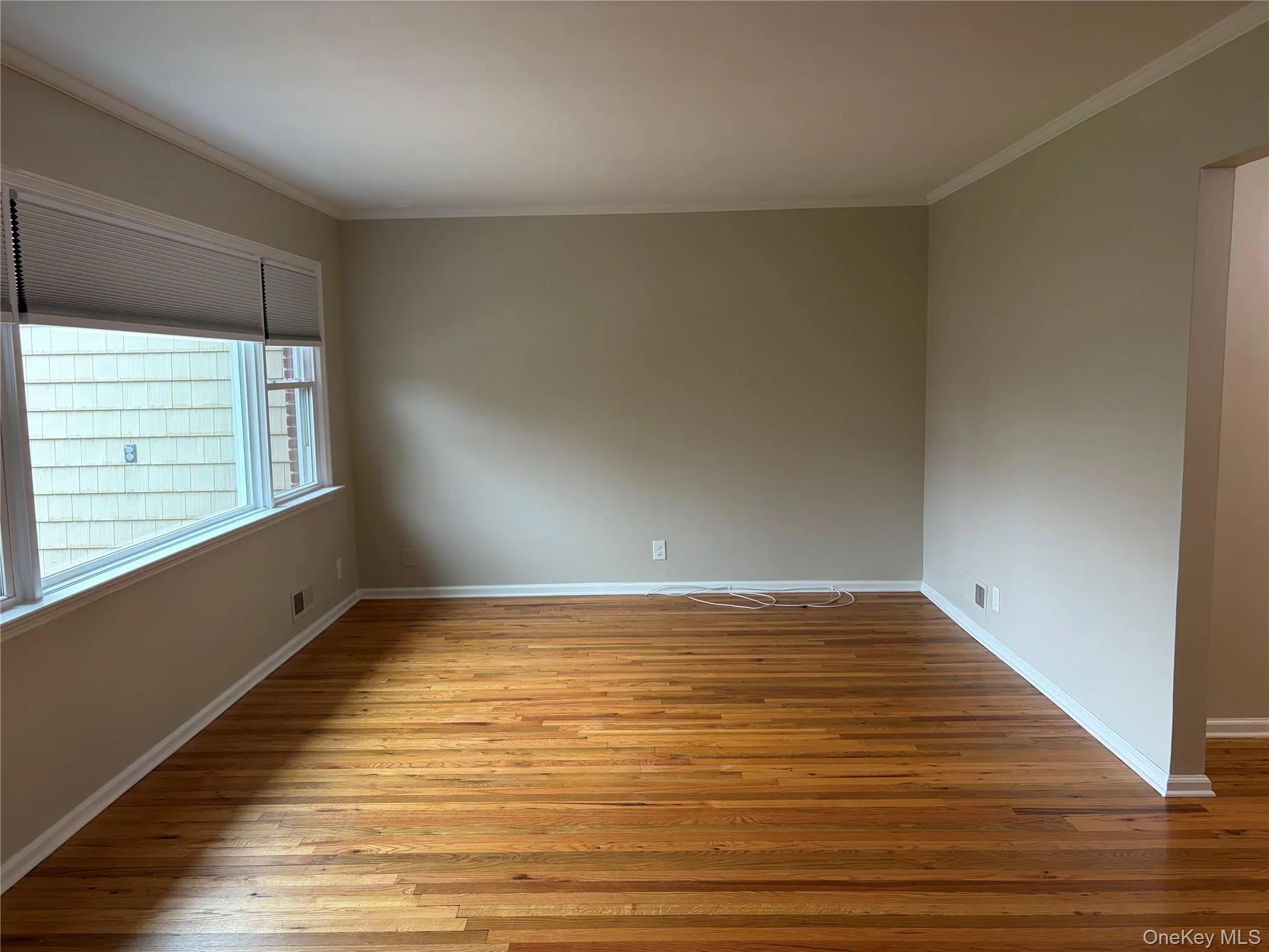 Empty room featuring light wood-style floors and ornamental molding Empty room featuring light wood-style floors and ornamental molding