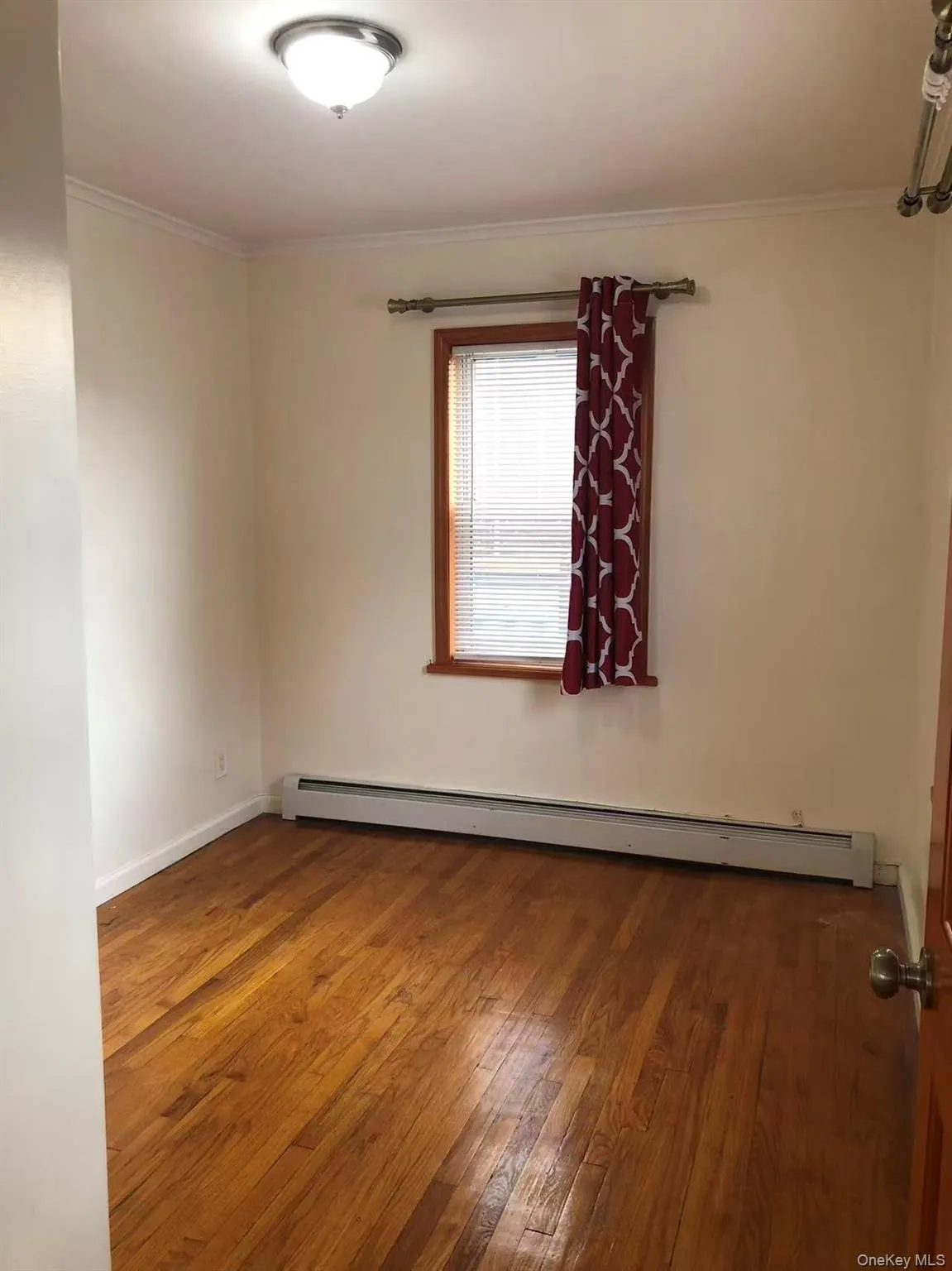 Spare room featuring dark wood-style floors, a baseboard radiator, and crown molding Spare room featuring dark wood-style floors, a baseboard radiator, and crown molding